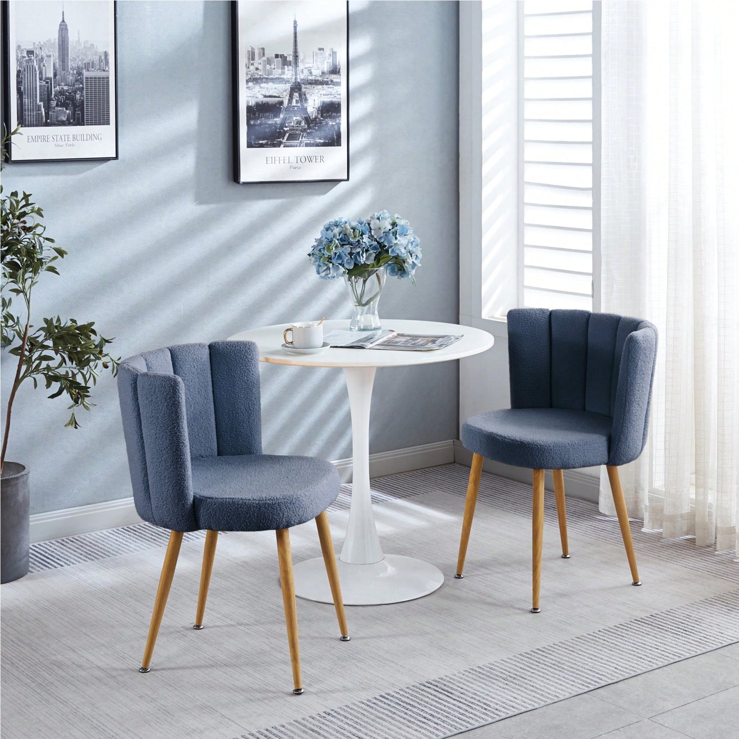 Haze Blue Dining Chair Set Of 2 With Iron Tube Legs And Comfortable Cushions For Dining Room And Cafe