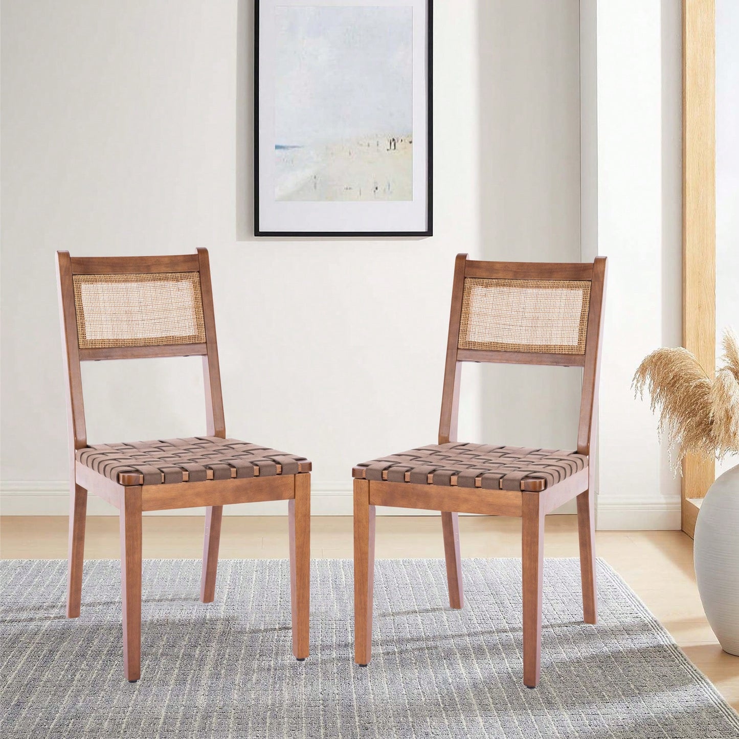 Rattan Leather Woven Strips Dining Chairs Set Of 2 For Kitchen And Living Room 18 Inch K/D Design