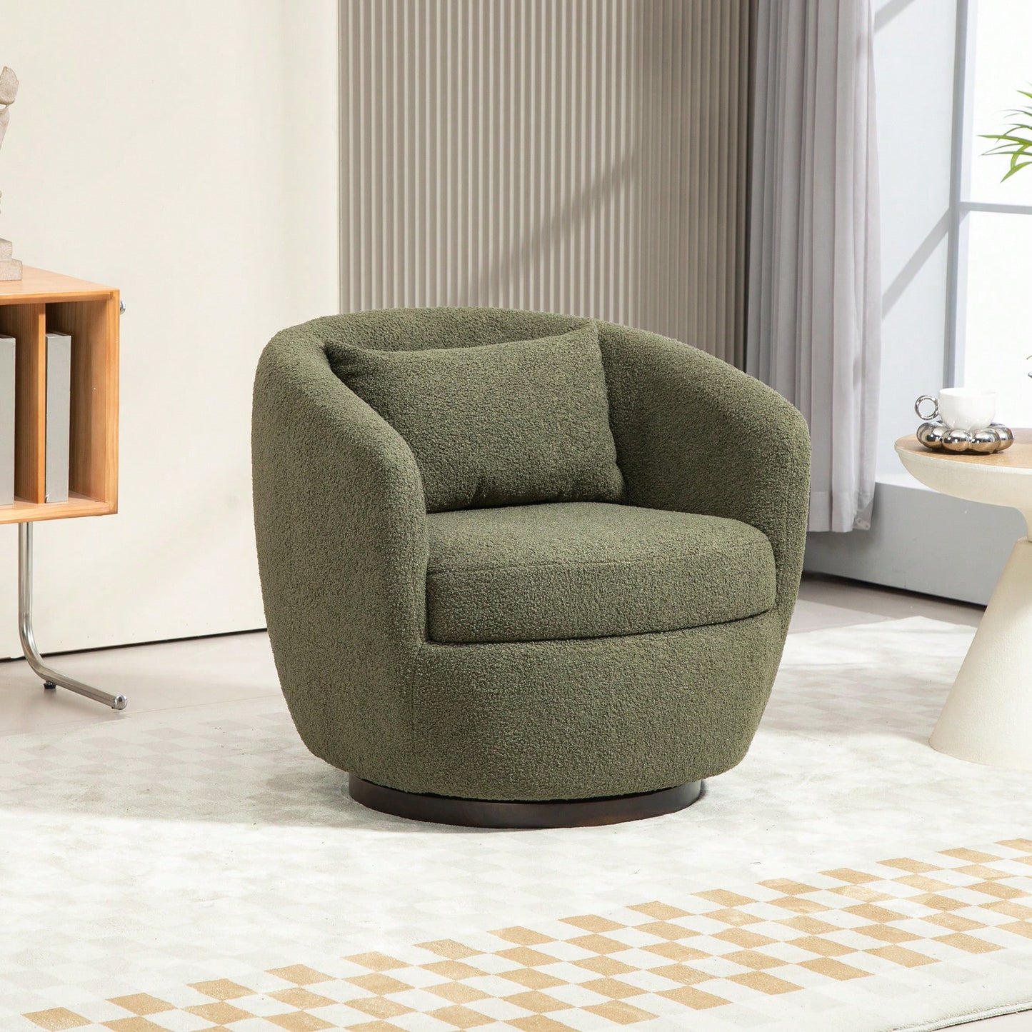 Modern Upholstered Swivel Barrel Armchair With Storage In Dark Green Teddy Fabric For Living Room Bedroom Office And Reading Spaces
