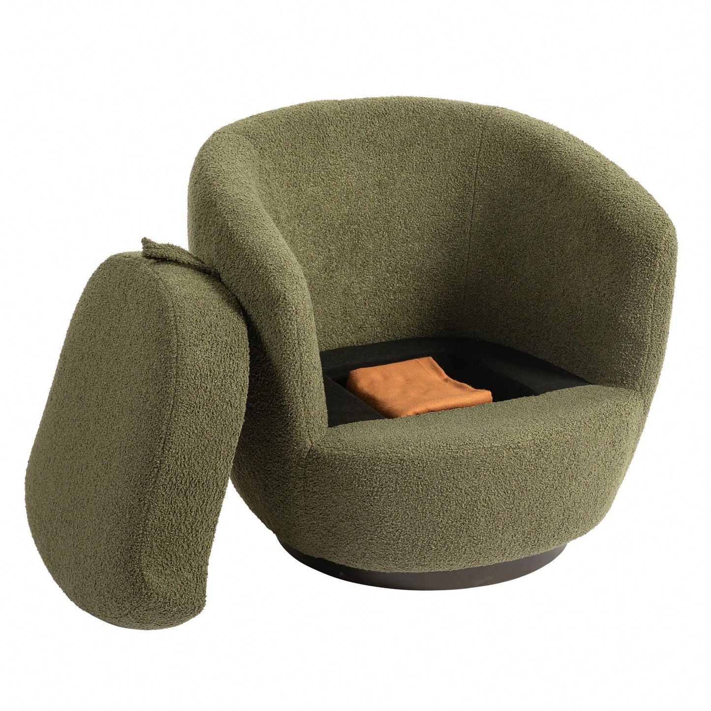Modern Upholstered Swivel Barrel Armchair With Storage In Dark Green Teddy Fabric For Living Room Bedroom Office And Reading Spaces