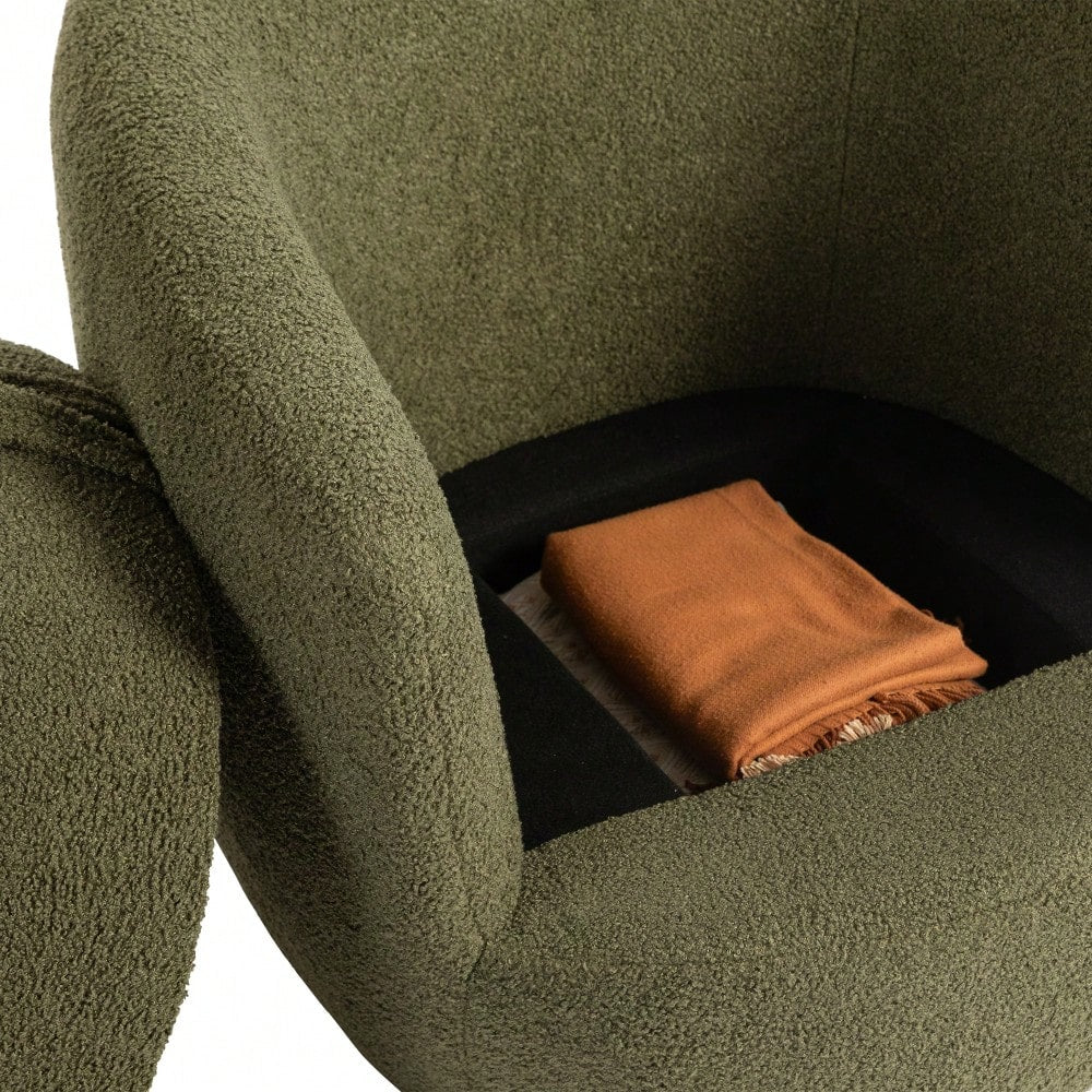 Modern Upholstered Swivel Barrel Armchair With Storage In Dark Green Teddy Fabric For Living Room Bedroom Office And Reading Spaces