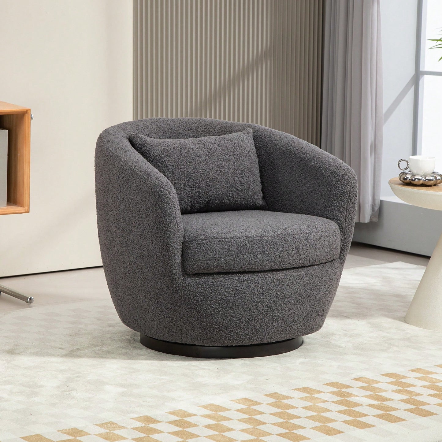 Modern Upholstered Swivel Barrel Armchair With Storage In Dark Green Teddy Fabric For Living Room Bedroom Office And Reading Spaces