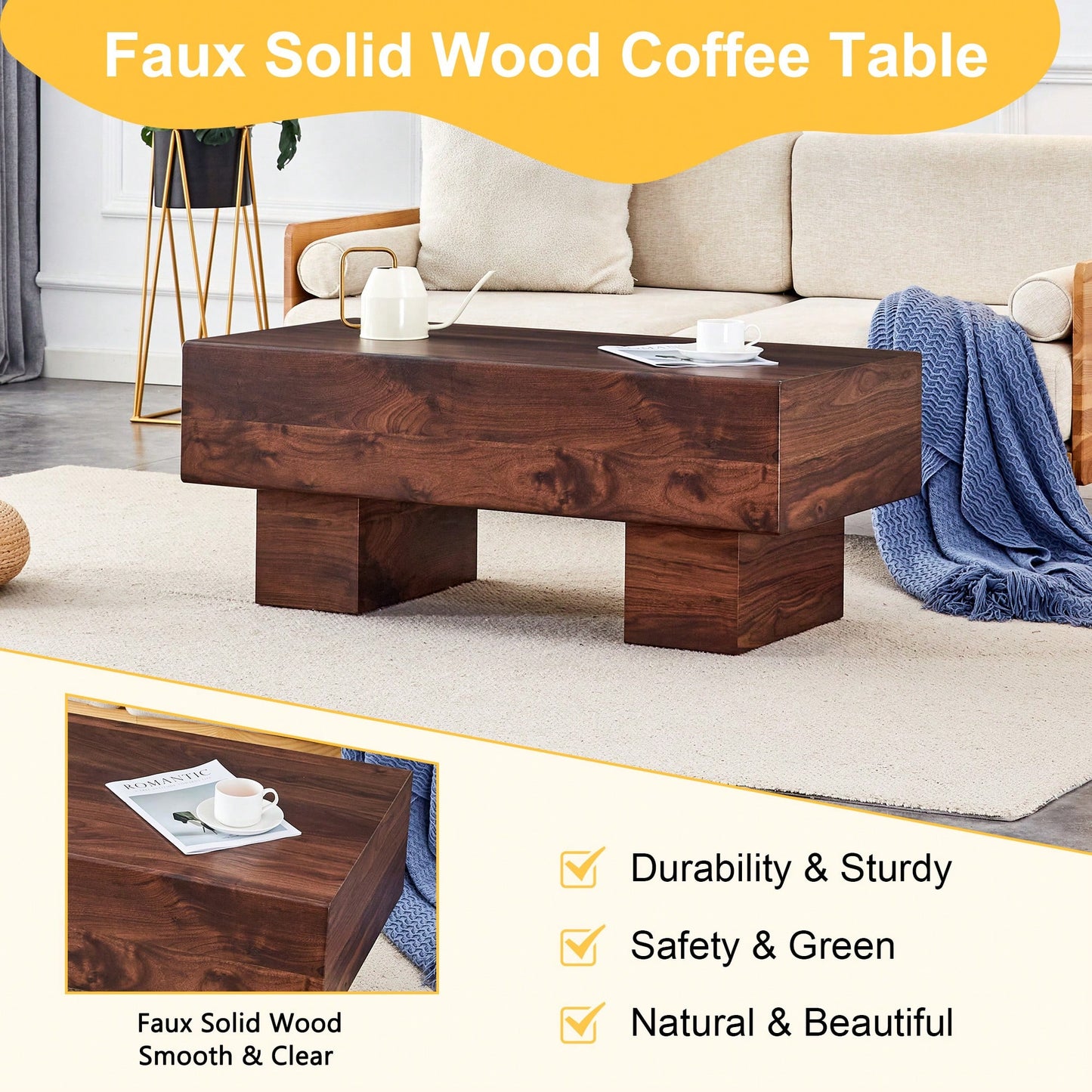 Modern Walnut Finish MDF Coffee Table 43.3x21.6x17.2 Stylish And Practical For Living Room Or Apartment