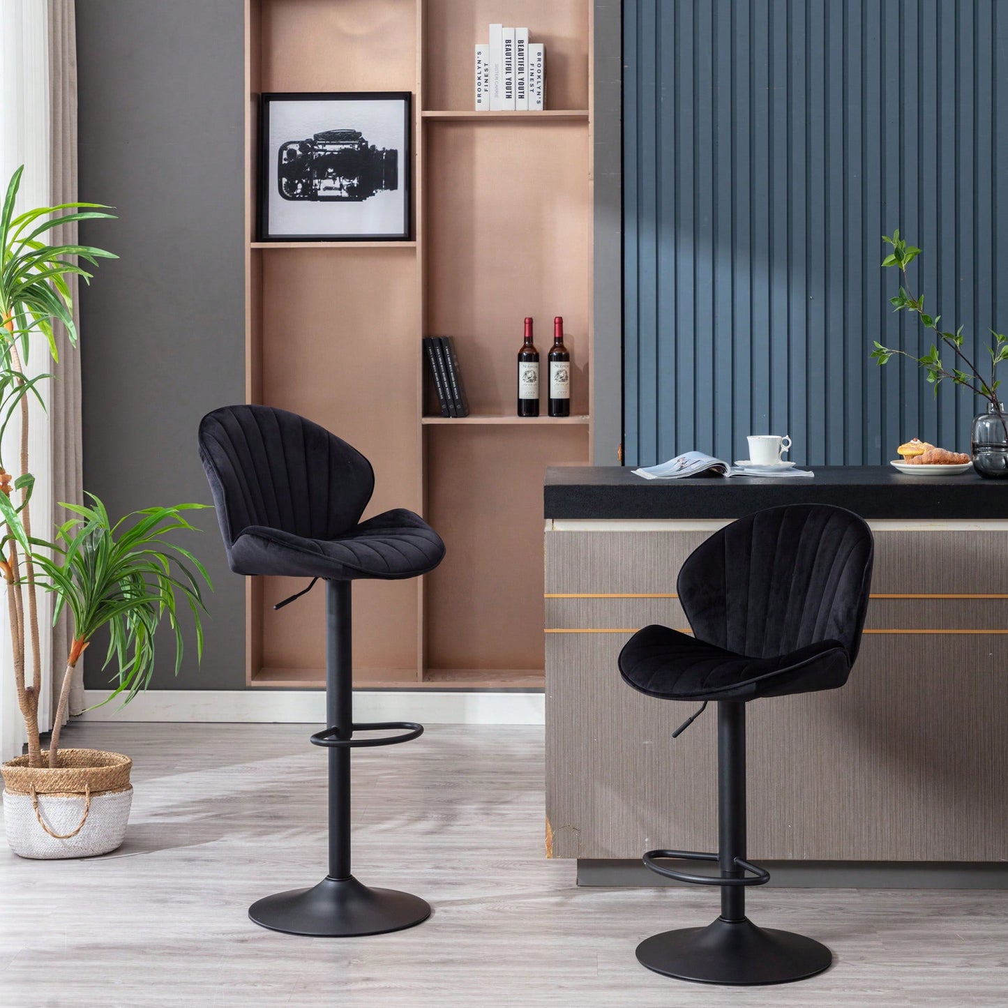 Adjustable Bar Stools Set Of 2 With Back And Footrest For Kitchen And Pub Counter Height Black