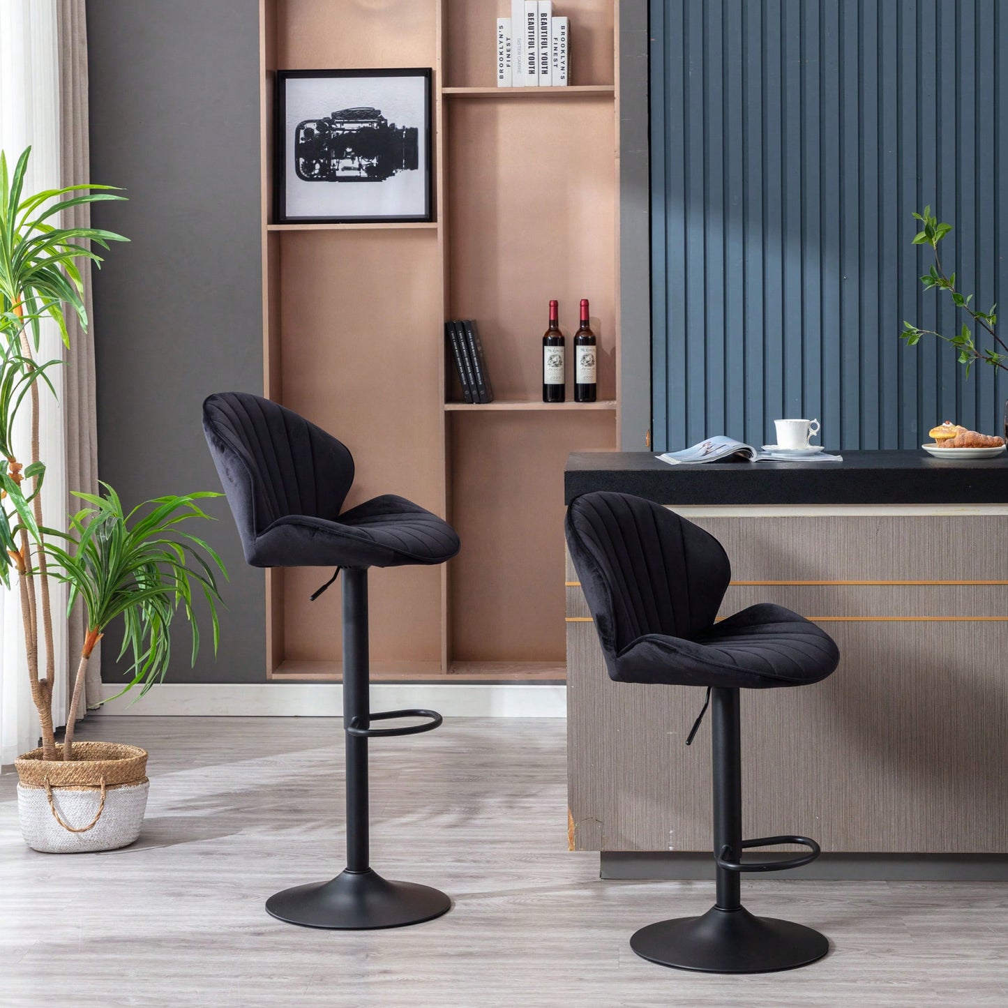Adjustable Bar Stools Set Of 2 With Back And Footrest For Kitchen And Pub Counter Height Black