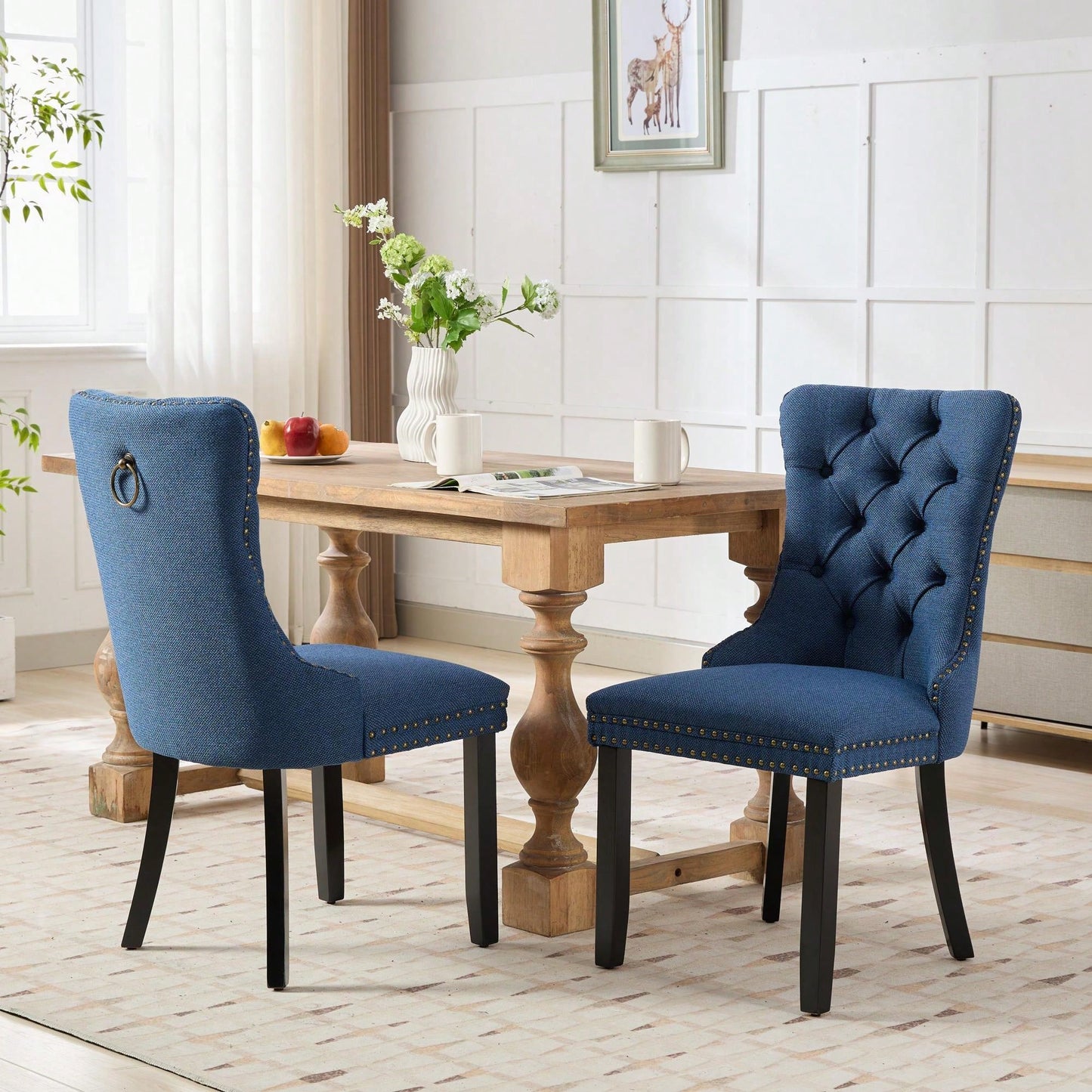 Set Of 2 Modern High-End Tufted Linen Dining Chairs With Wood Legs And Nailhead Trim -Black Fabric And Legs