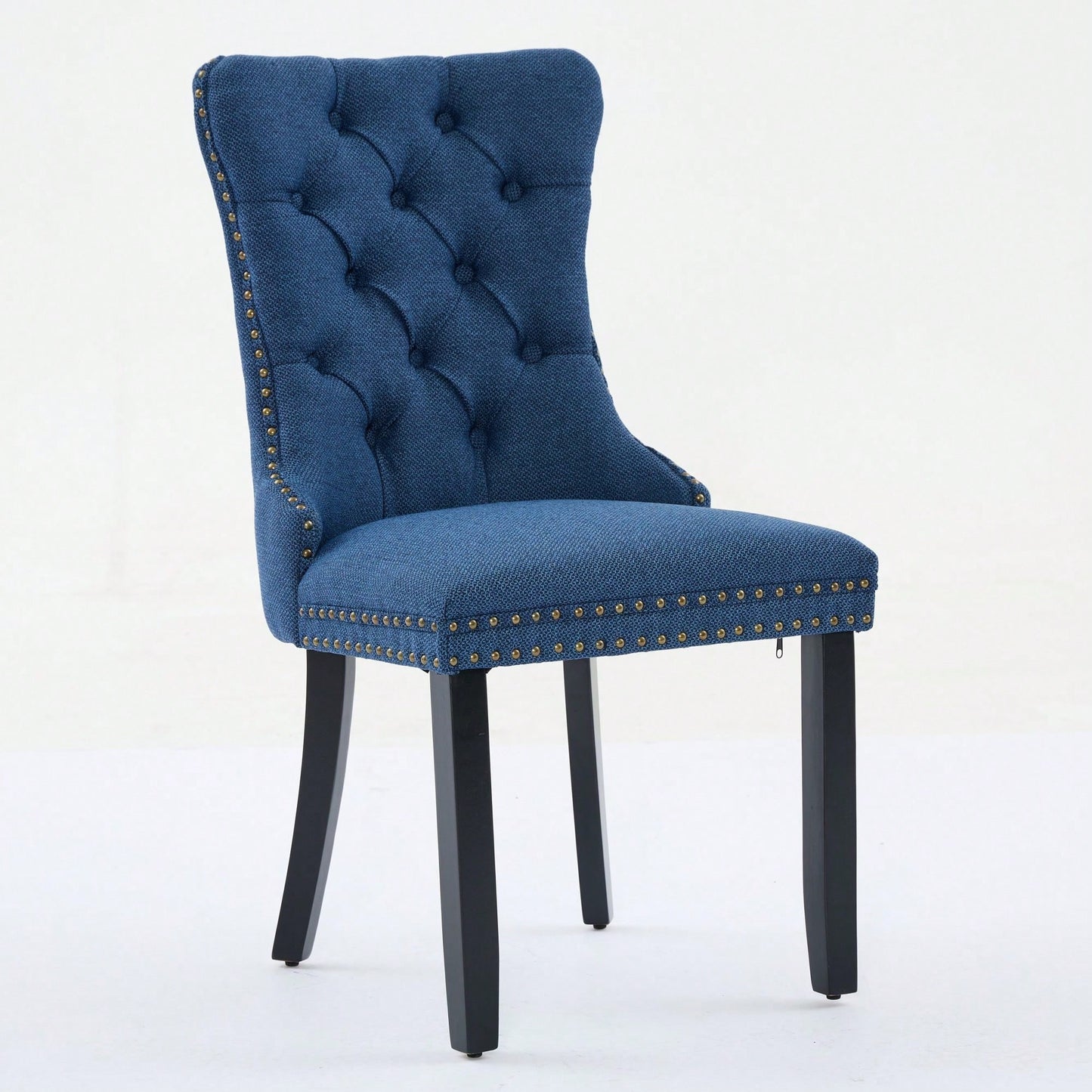 Set Of 2 Modern High-End Tufted Linen Dining Chairs With Wood Legs And Nailhead Trim -Black Fabric And Legs