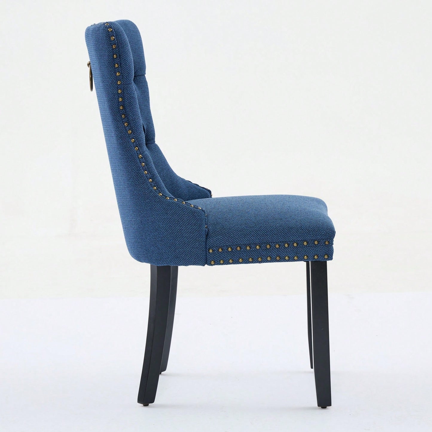 Set Of 2 Modern High-End Tufted Linen Dining Chairs With Wood Legs And Nailhead Trim -Black Fabric And Legs