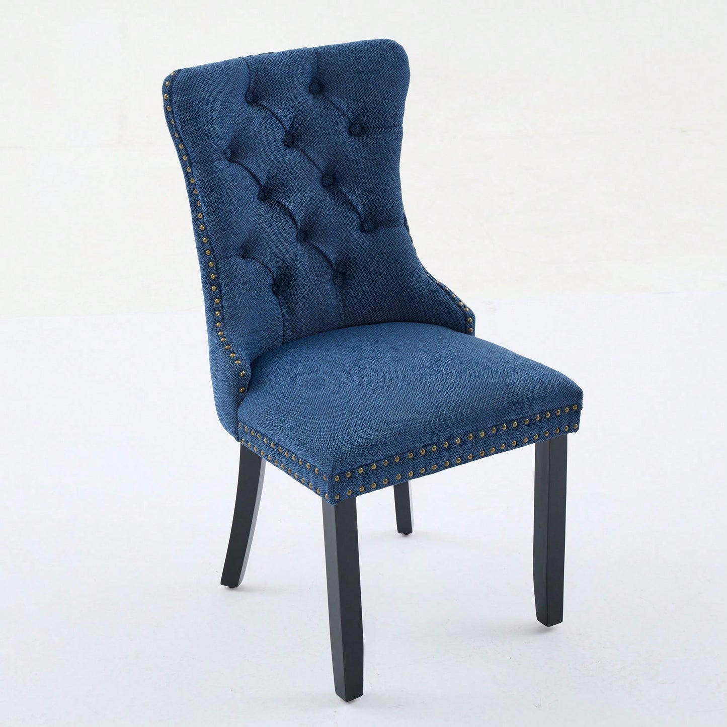 Set Of 2 Modern High-End Tufted Linen Dining Chairs With Wood Legs And Nailhead Trim -Black Fabric And Legs