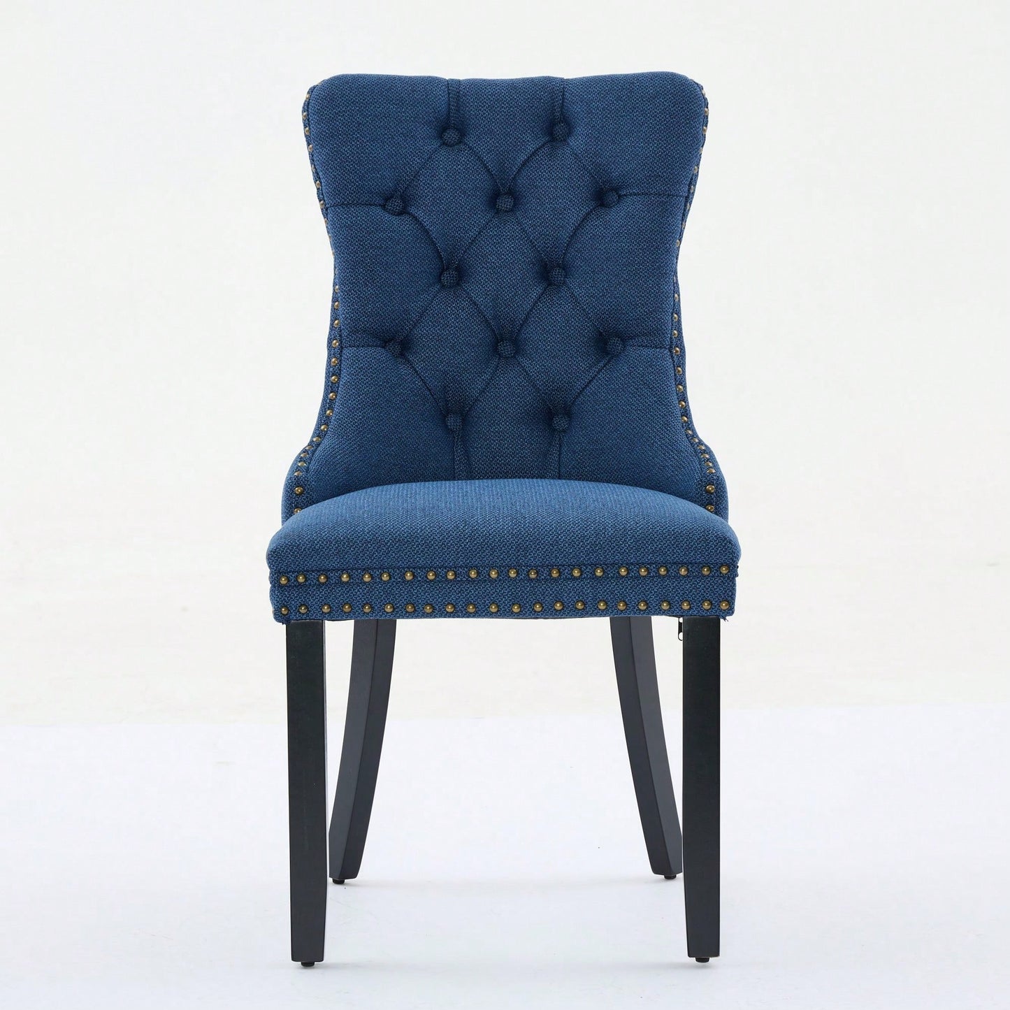 Set Of 2 Modern High-End Tufted Linen Dining Chairs With Wood Legs And Nailhead Trim -Black Fabric And Legs