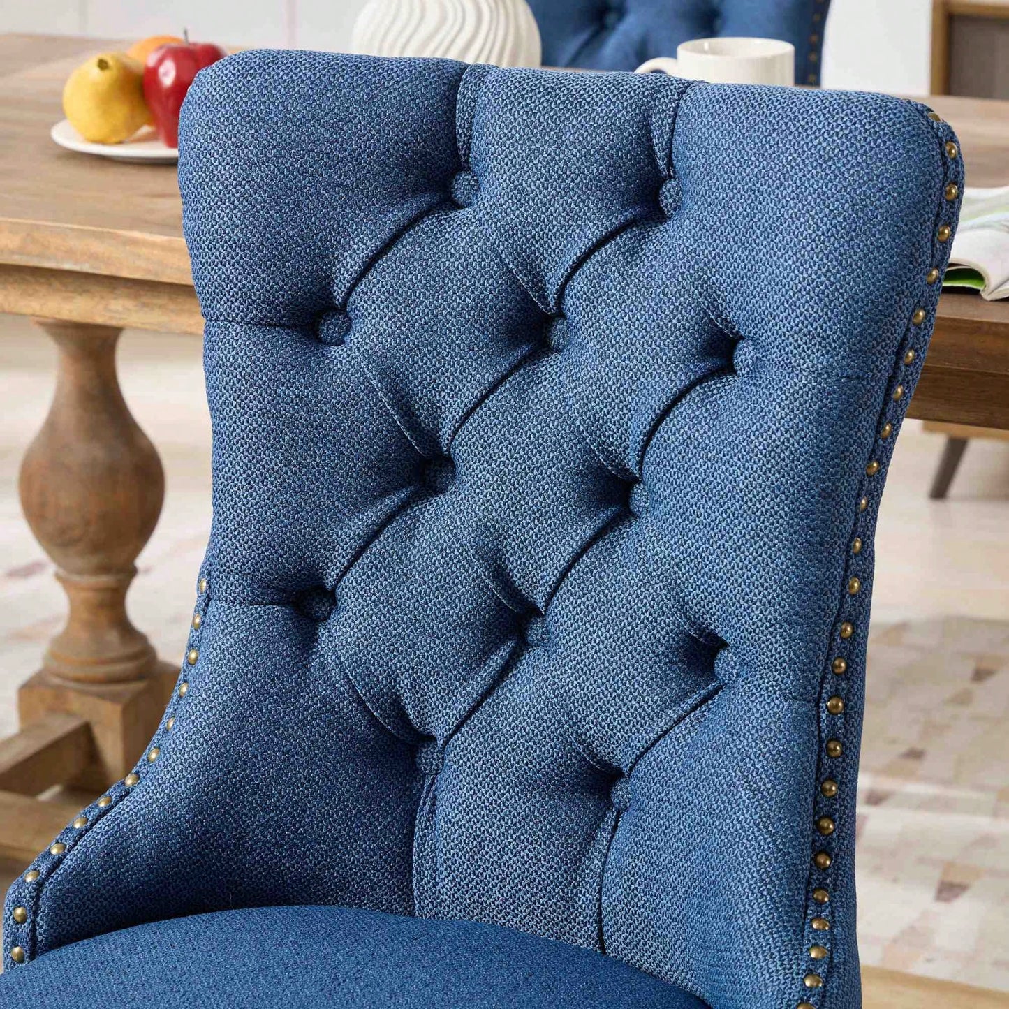 Set Of 2 Modern High-End Tufted Linen Dining Chairs With Wood Legs And Nailhead Trim -Black Fabric And Legs