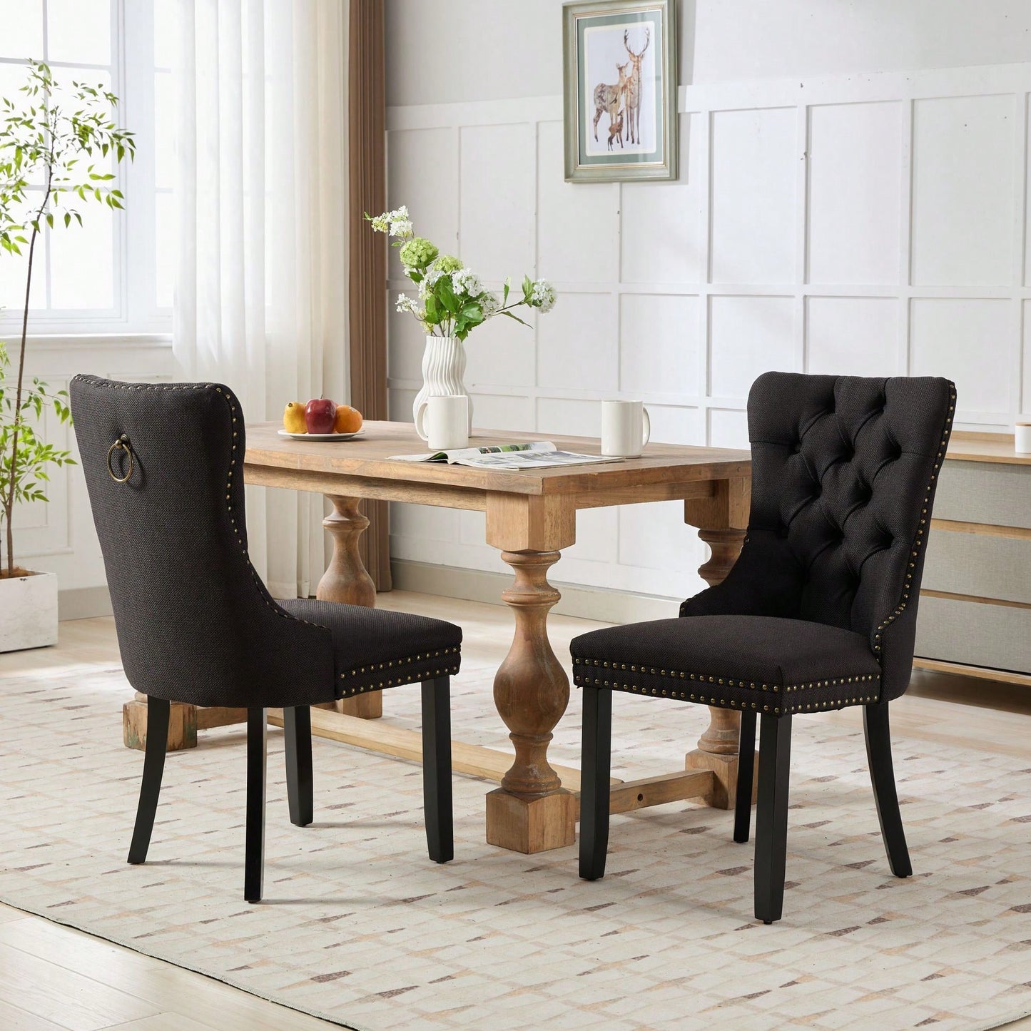 Set Of 2 Modern High-End Tufted Linen Dining Chairs With Wood Legs And Nailhead Trim -Black Fabric And Legs