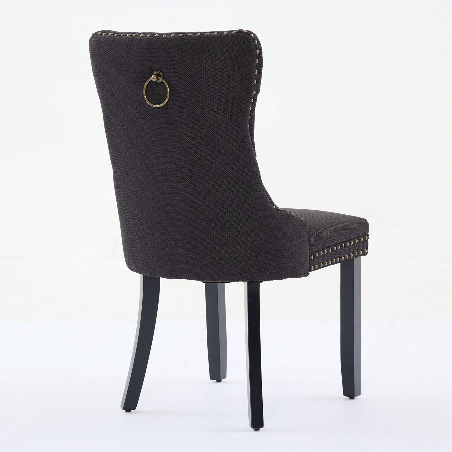 Set Of 2 Modern High-End Tufted Linen Dining Chairs With Wood Legs And Nailhead Trim -Black Fabric And Legs