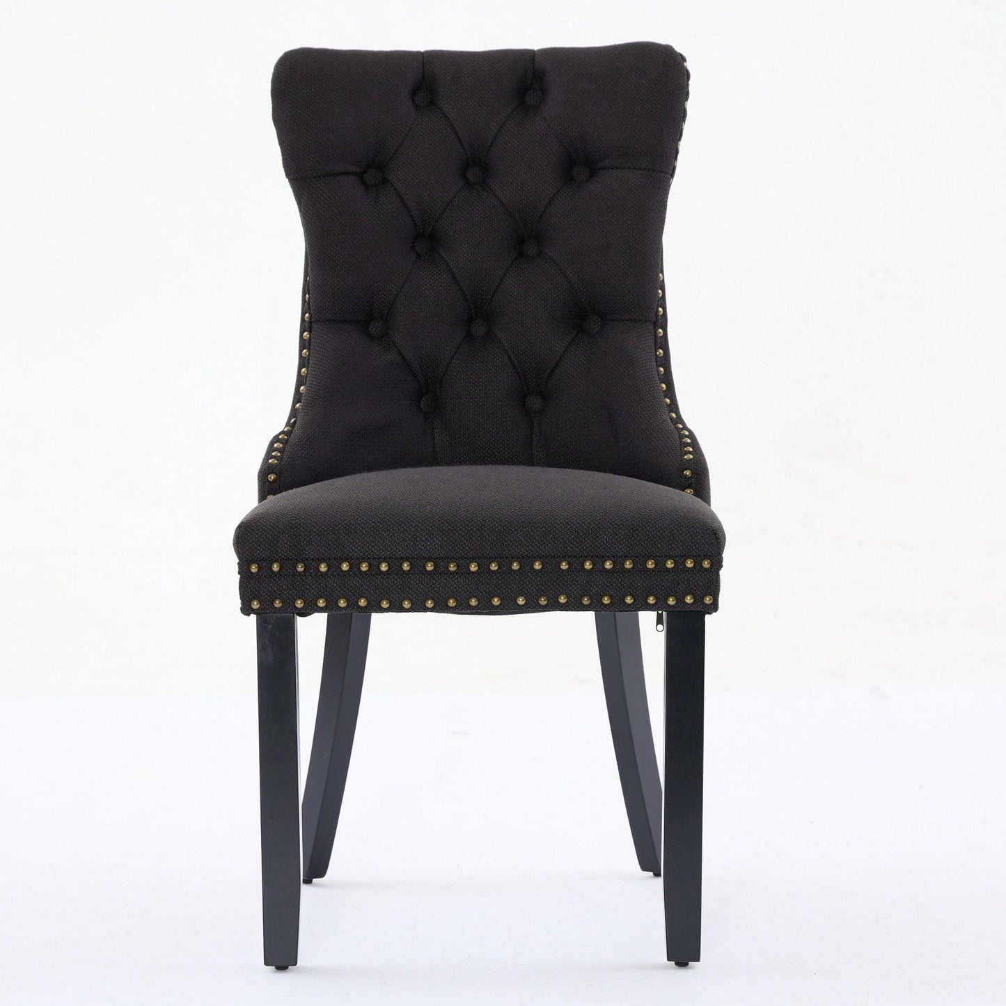 Set Of 2 Modern High-End Tufted Linen Dining Chairs With Wood Legs And Nailhead Trim -Black Fabric And Legs