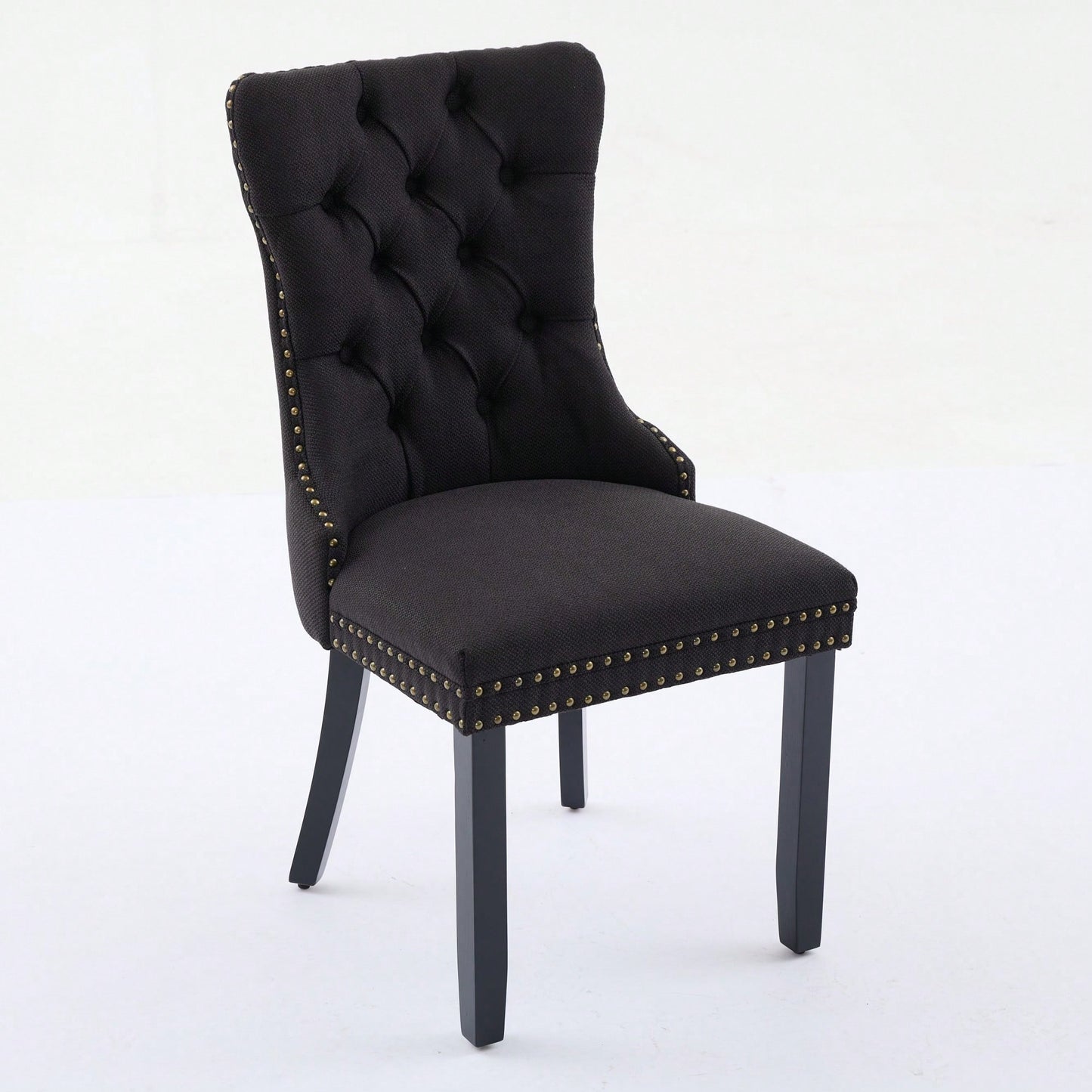 Set Of 2 Modern High-End Tufted Linen Dining Chairs With Wood Legs And Nailhead Trim -Black Fabric And Legs