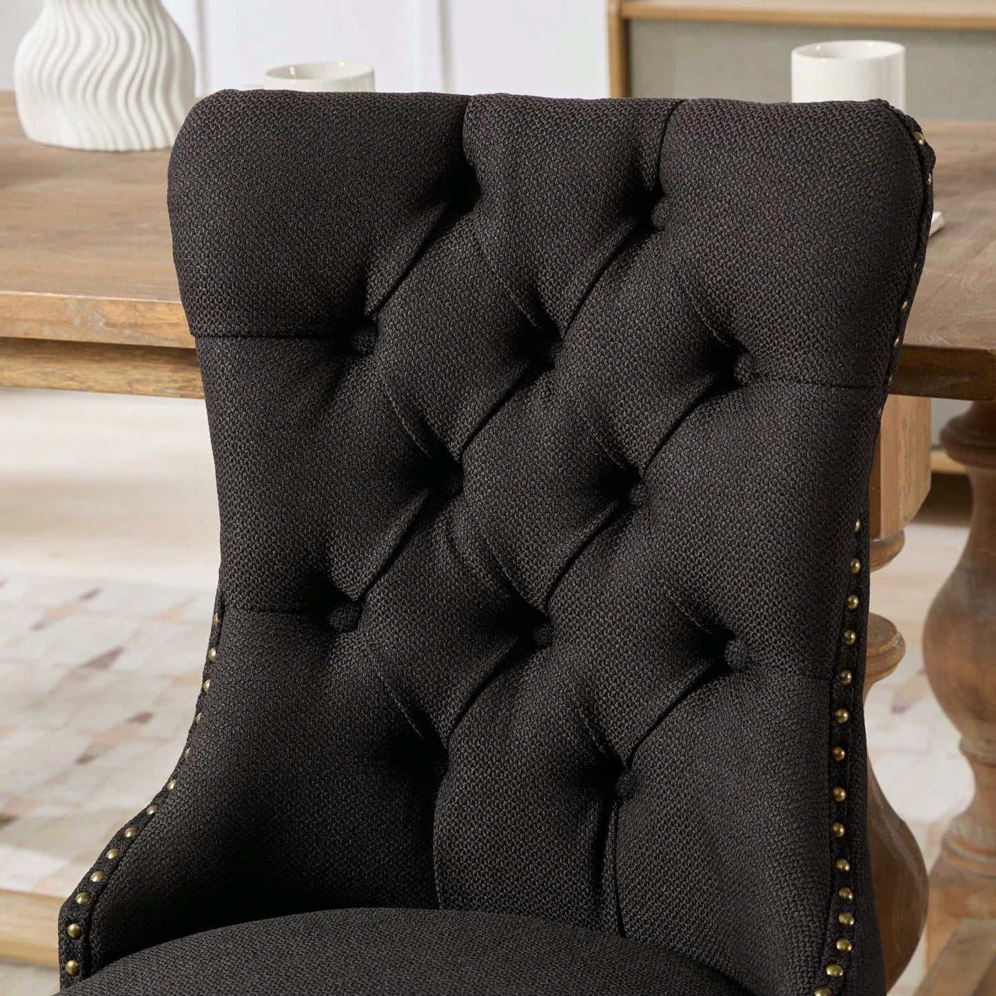 Set Of 2 Modern High-End Tufted Linen Dining Chairs With Wood Legs And Nailhead Trim -Black Fabric And Legs