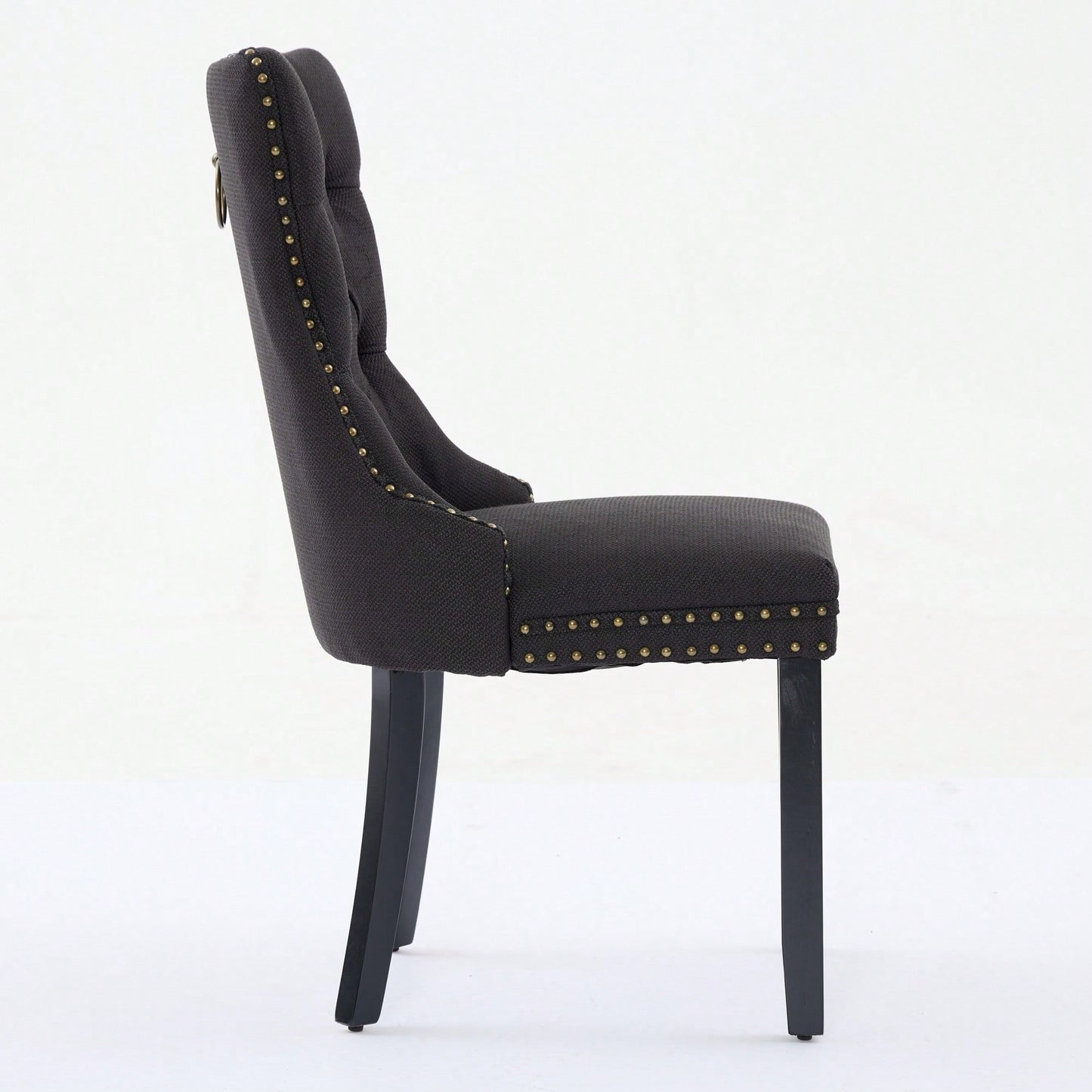 Set Of 2 Modern High-End Tufted Linen Dining Chairs With Wood Legs And Nailhead Trim -Black Fabric And Legs