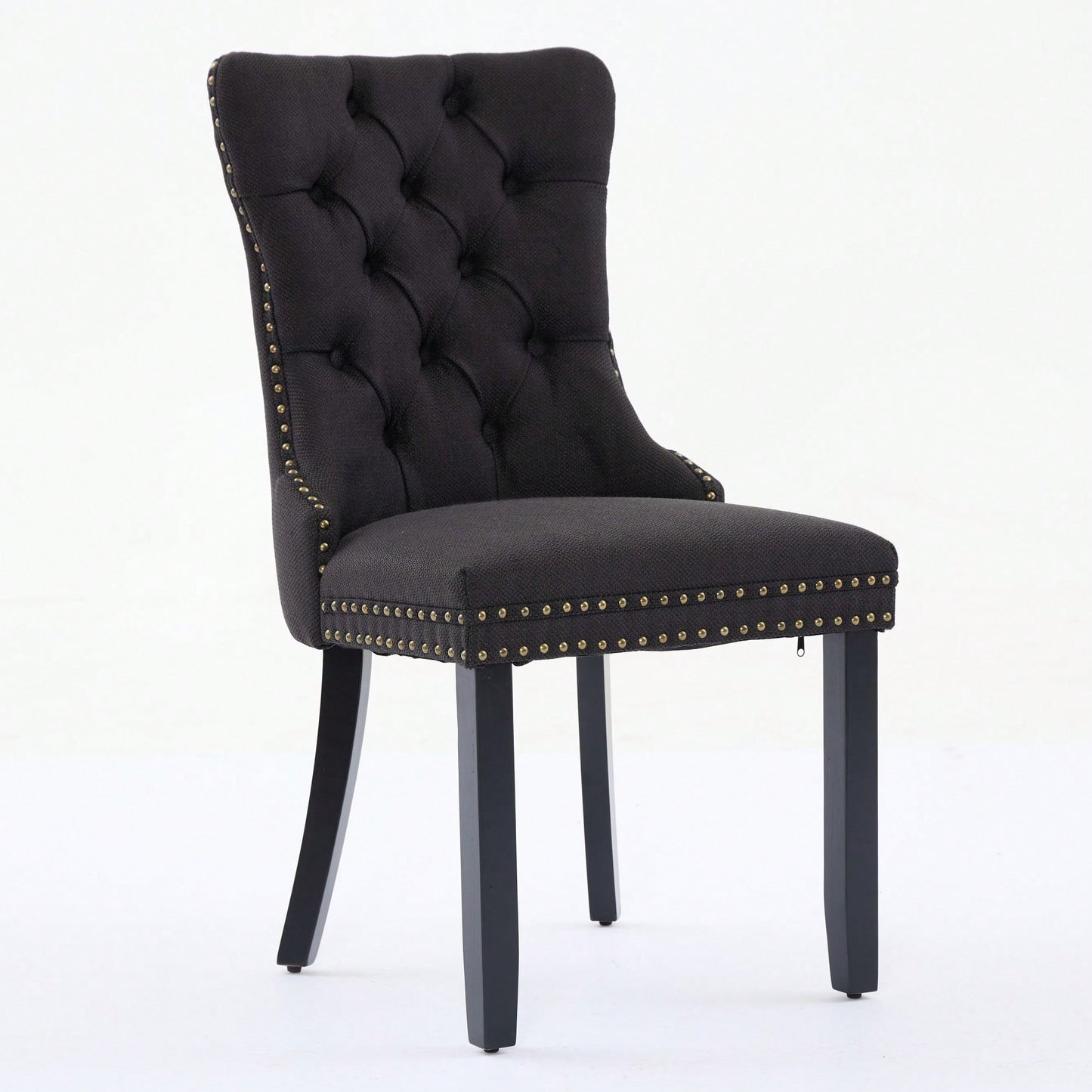 Set Of 2 Modern High-End Tufted Linen Dining Chairs With Wood Legs And Nailhead Trim -Black Fabric And Legs