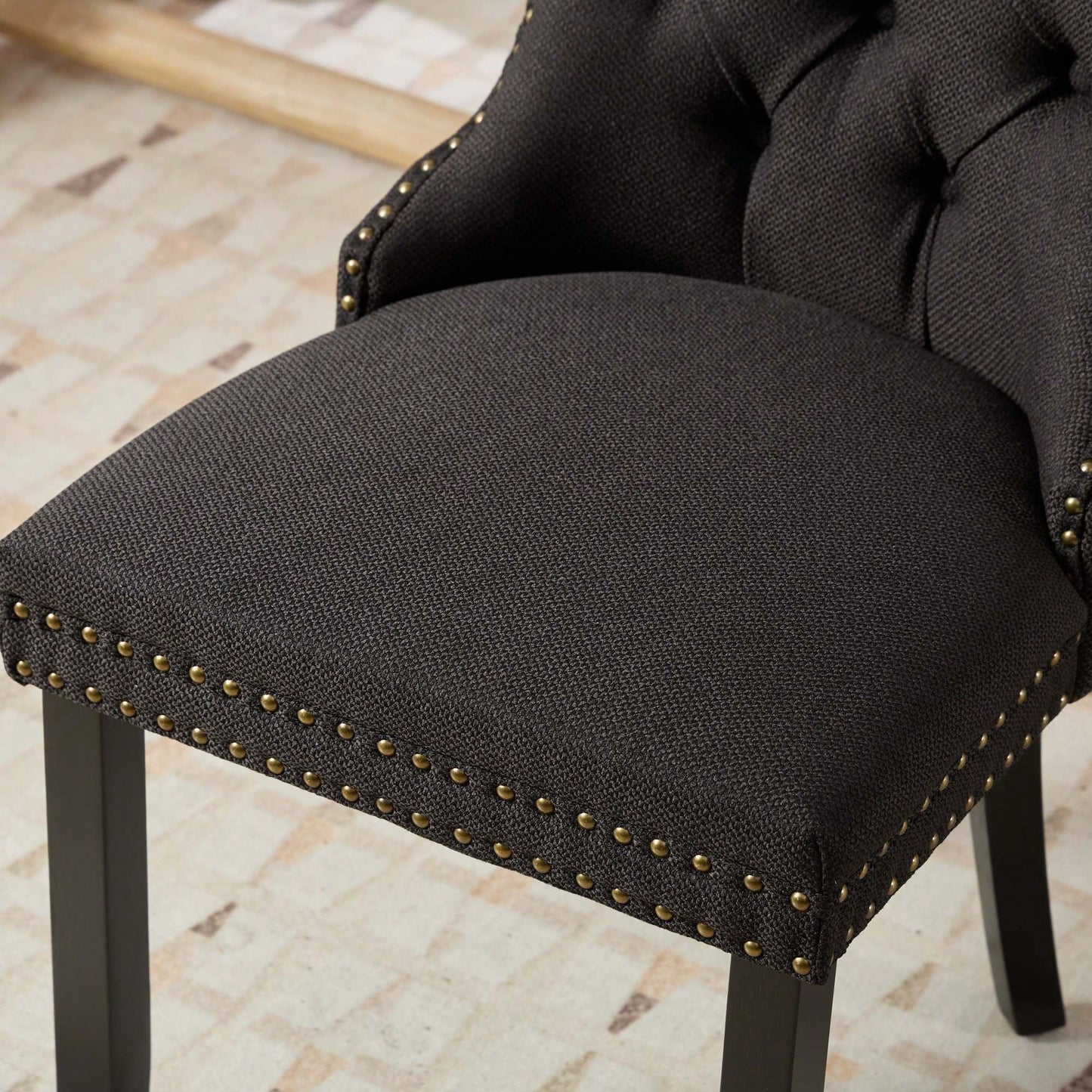 Set Of 2 Modern High-End Tufted Linen Dining Chairs With Wood Legs And Nailhead Trim -Black Fabric And Legs