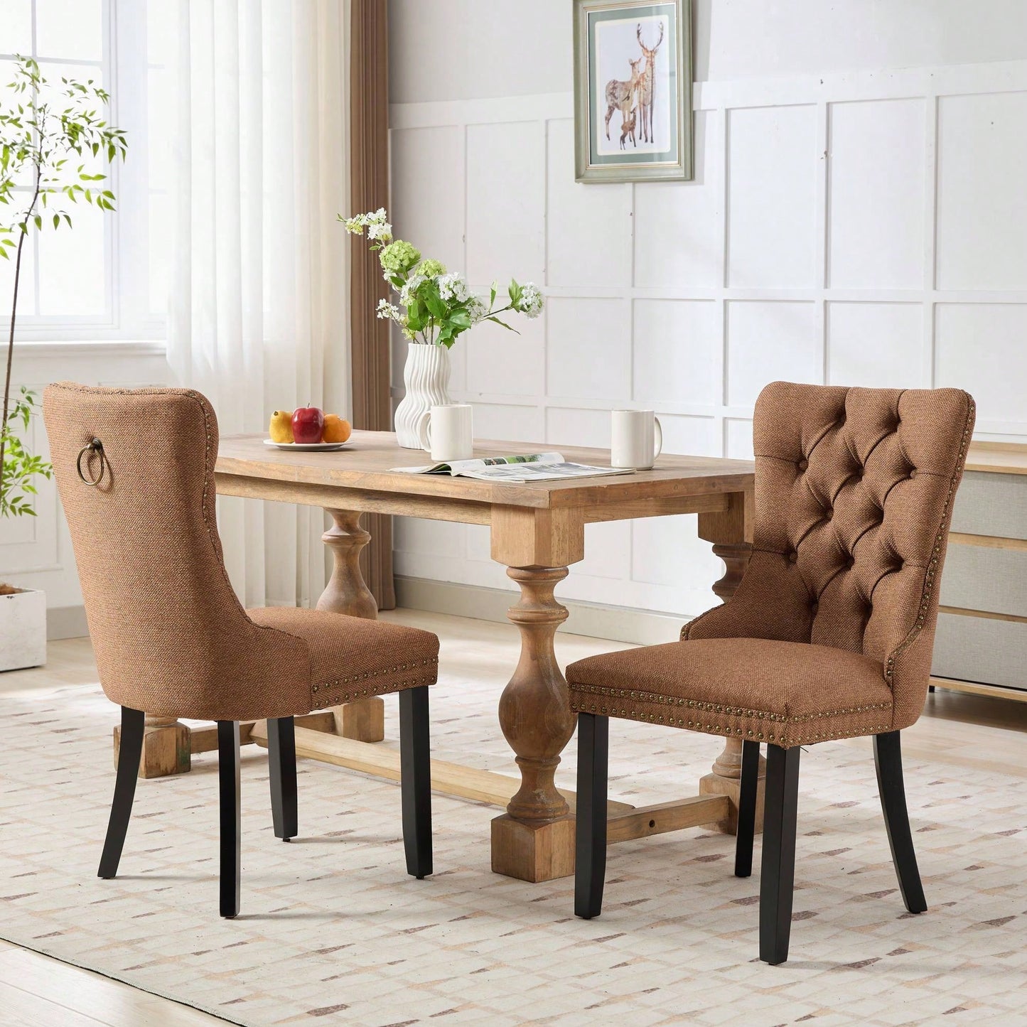 Set Of 2 Modern High-End Tufted Linen Dining Chairs With Wood Legs And Nailhead Trim -Black Fabric And Legs