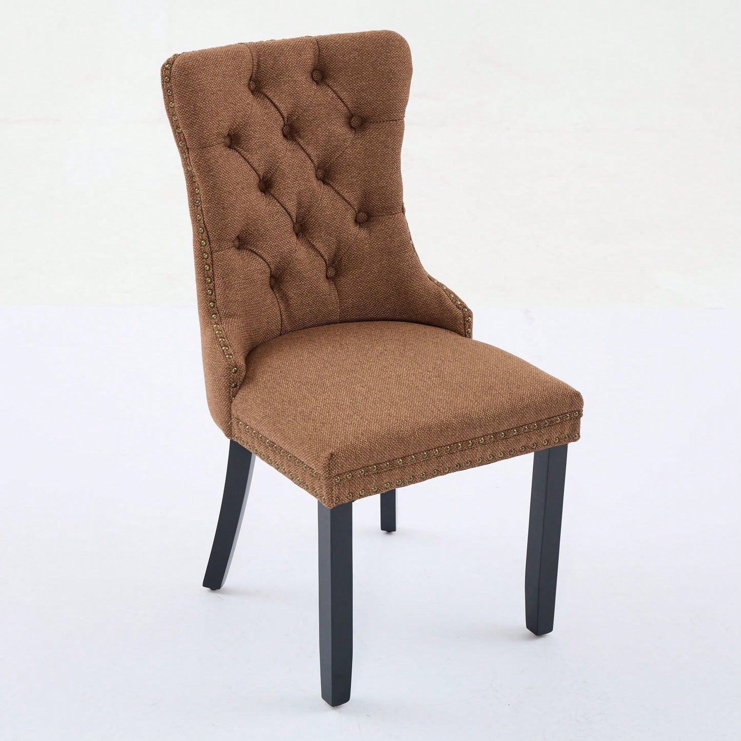 Set Of 2 Modern High-End Tufted Linen Dining Chairs With Wood Legs And Nailhead Trim -Black Fabric And Legs