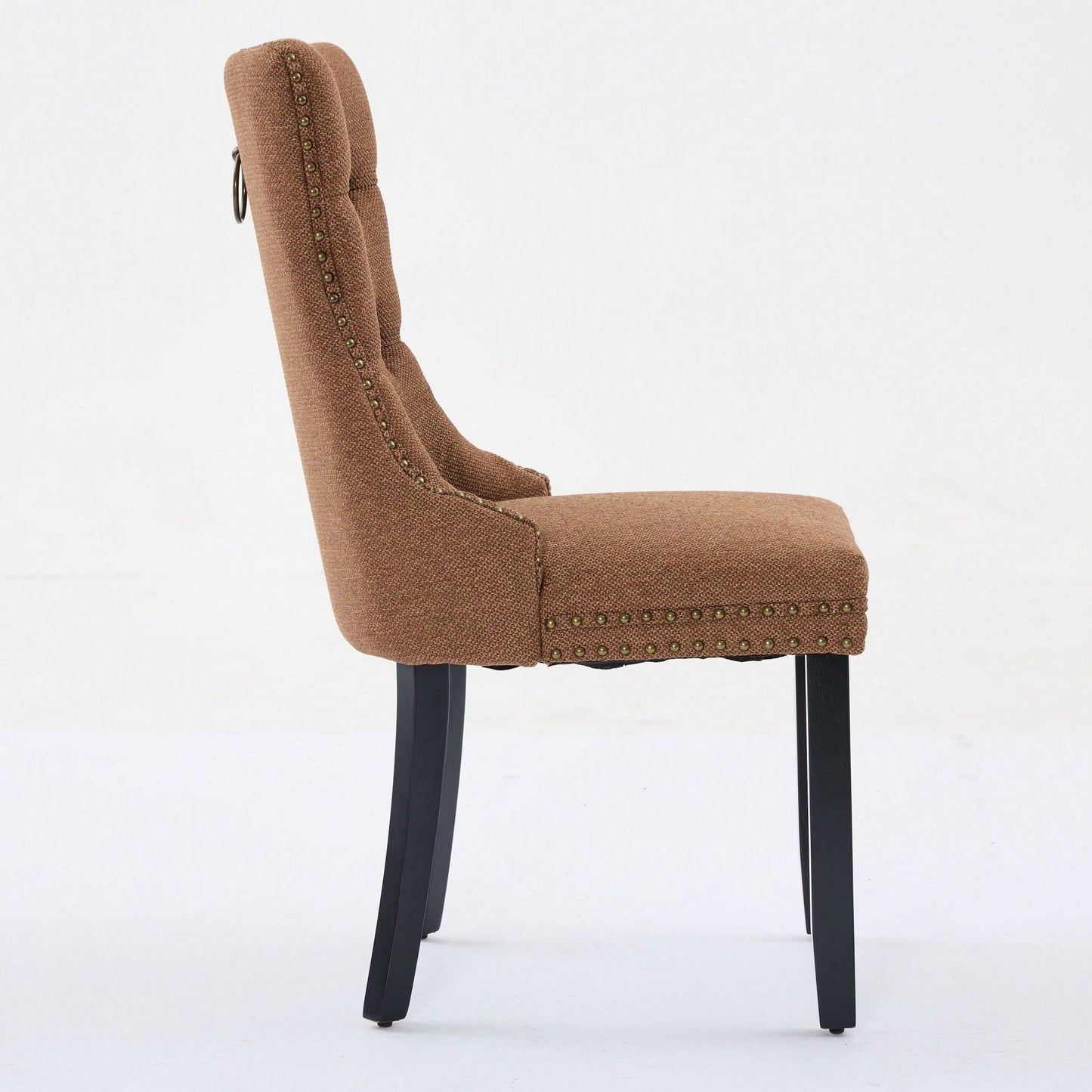 Set Of 2 Modern High-End Tufted Linen Dining Chairs With Wood Legs And Nailhead Trim -Black Fabric And Legs