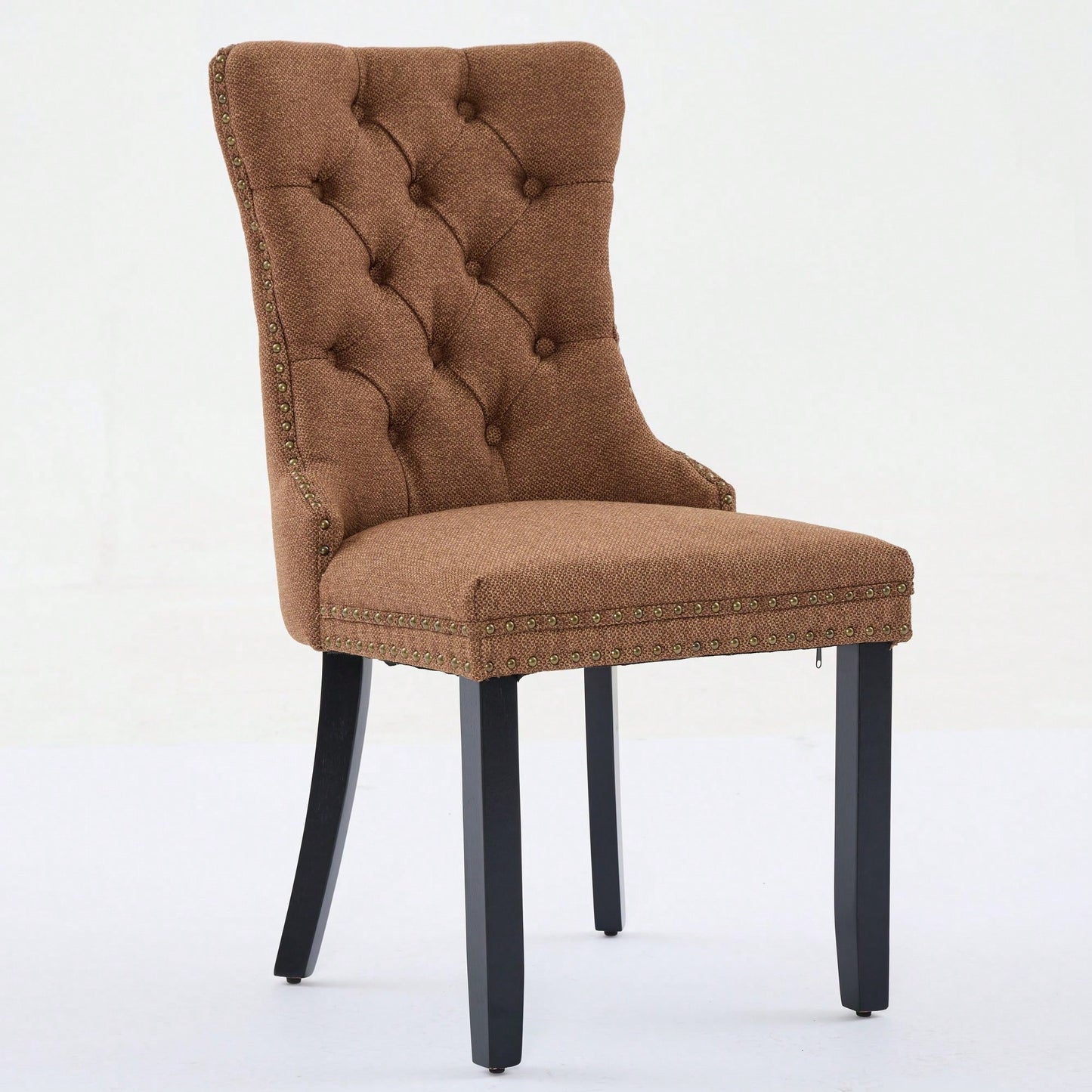 Set Of 2 Modern High-End Tufted Linen Dining Chairs With Wood Legs And Nailhead Trim -Black Fabric And Legs