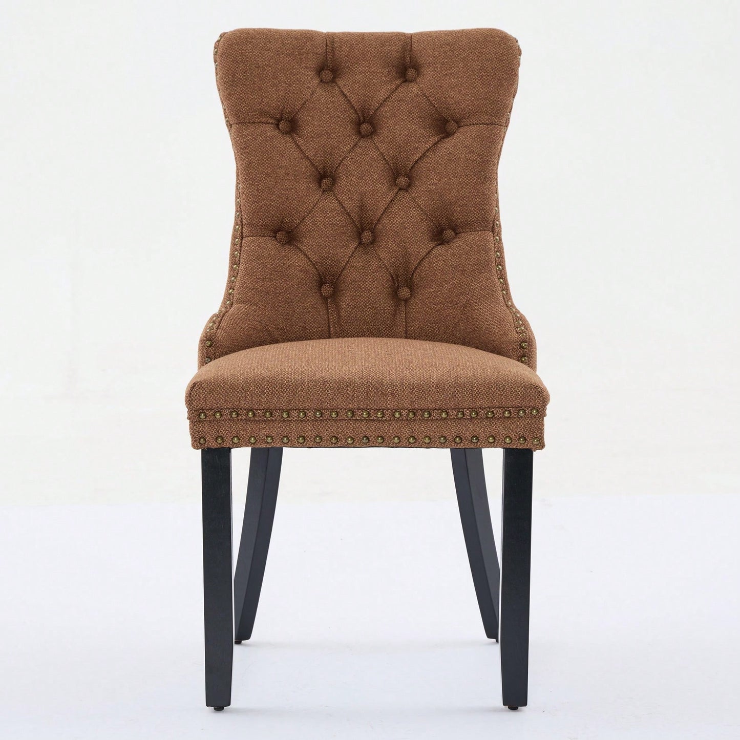 Set Of 2 Modern High-End Tufted Linen Dining Chairs With Wood Legs And Nailhead Trim -Black Fabric And Legs