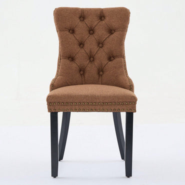 Set Of 2 Modern High-End Tufted Linen Dining Chairs With Wood Legs And Nailhead Trim -Black Fabric And Legs