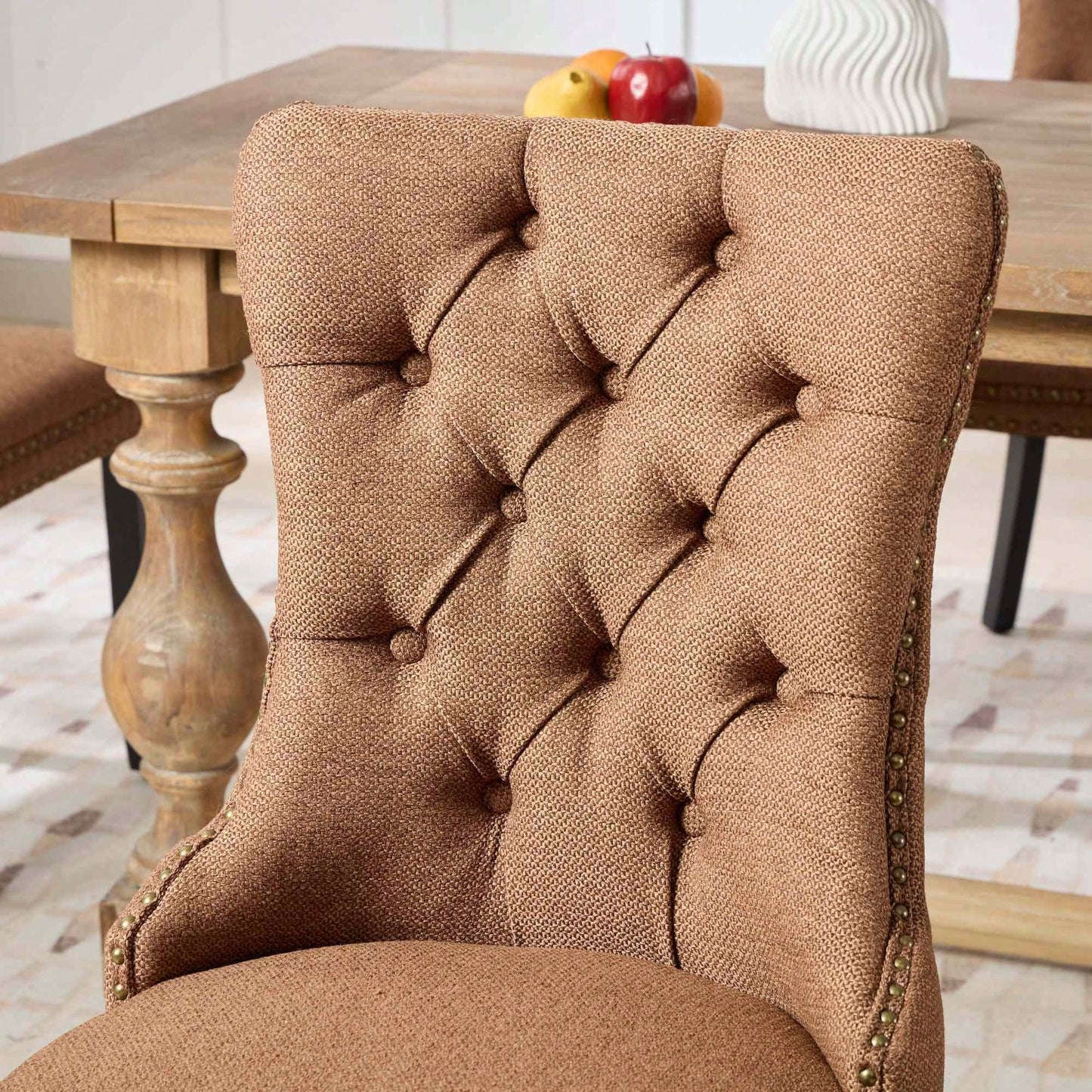Set Of 2 Modern High-End Tufted Linen Dining Chairs With Wood Legs And Nailhead Trim -Black Fabric And Legs