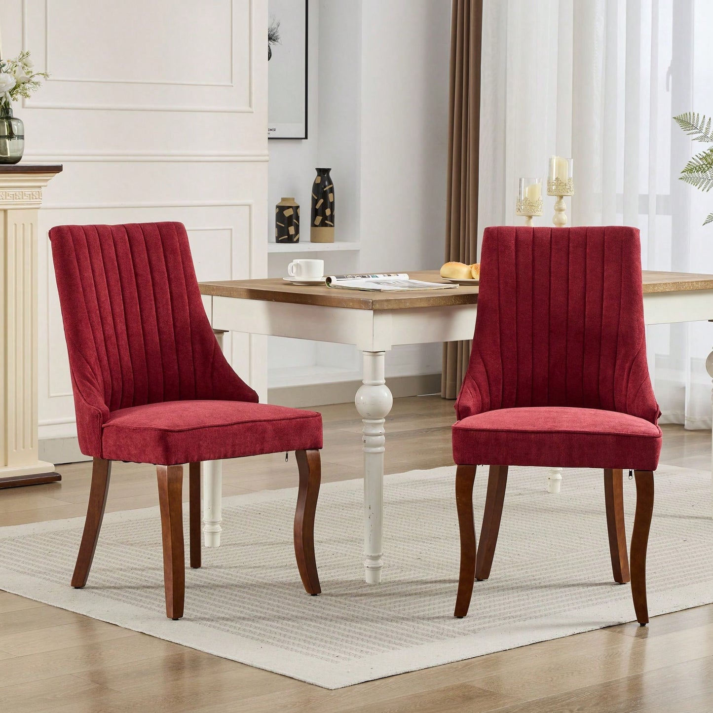 Set Of 2  Comfy Black Rayon Flocked Linen Dining Chairs With Curved Solid Wood Legs For Kitchen And Dining Room