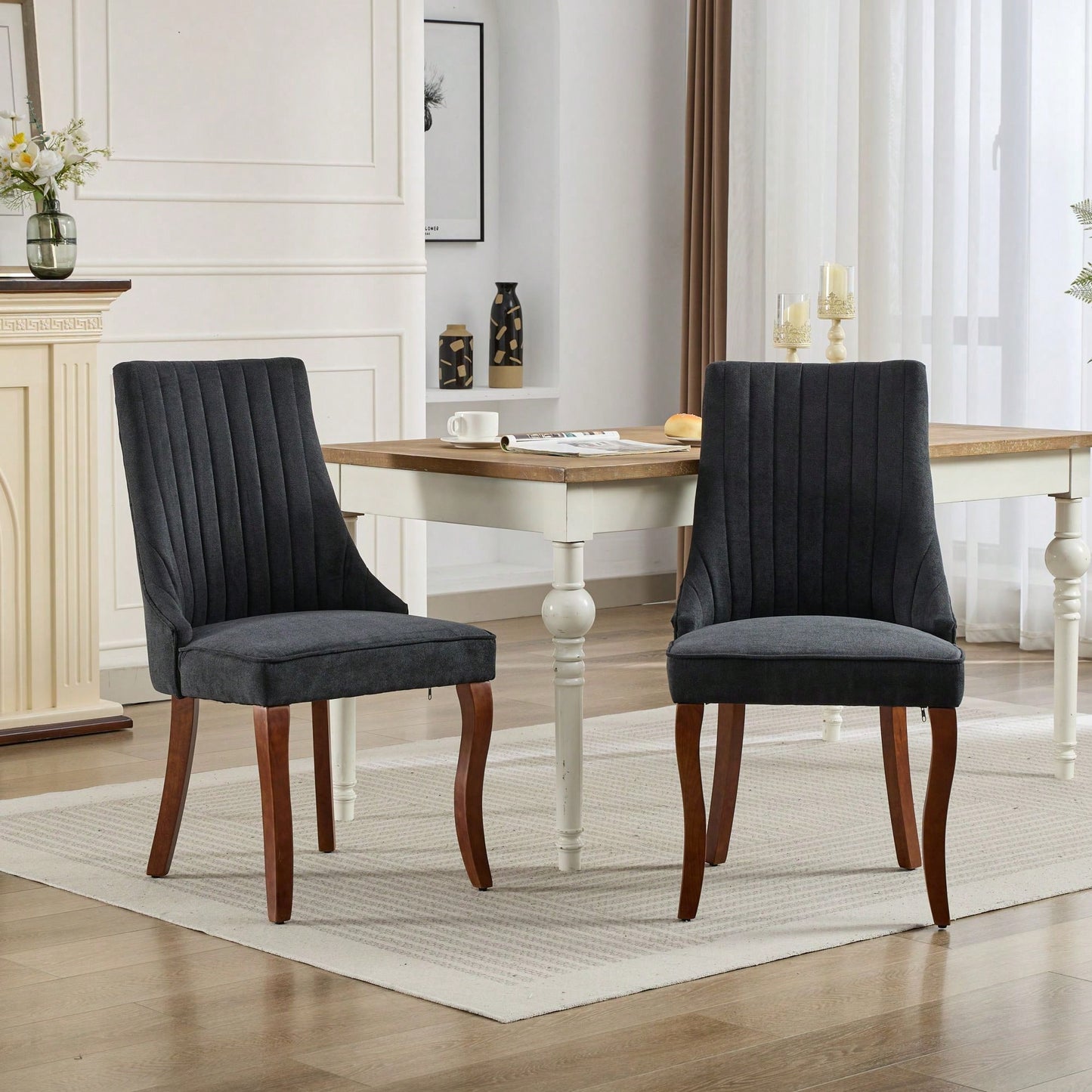 Set Of 2  Comfy Black Rayon Flocked Linen Dining Chairs With Curved Solid Wood Legs For Kitchen And Dining Room
