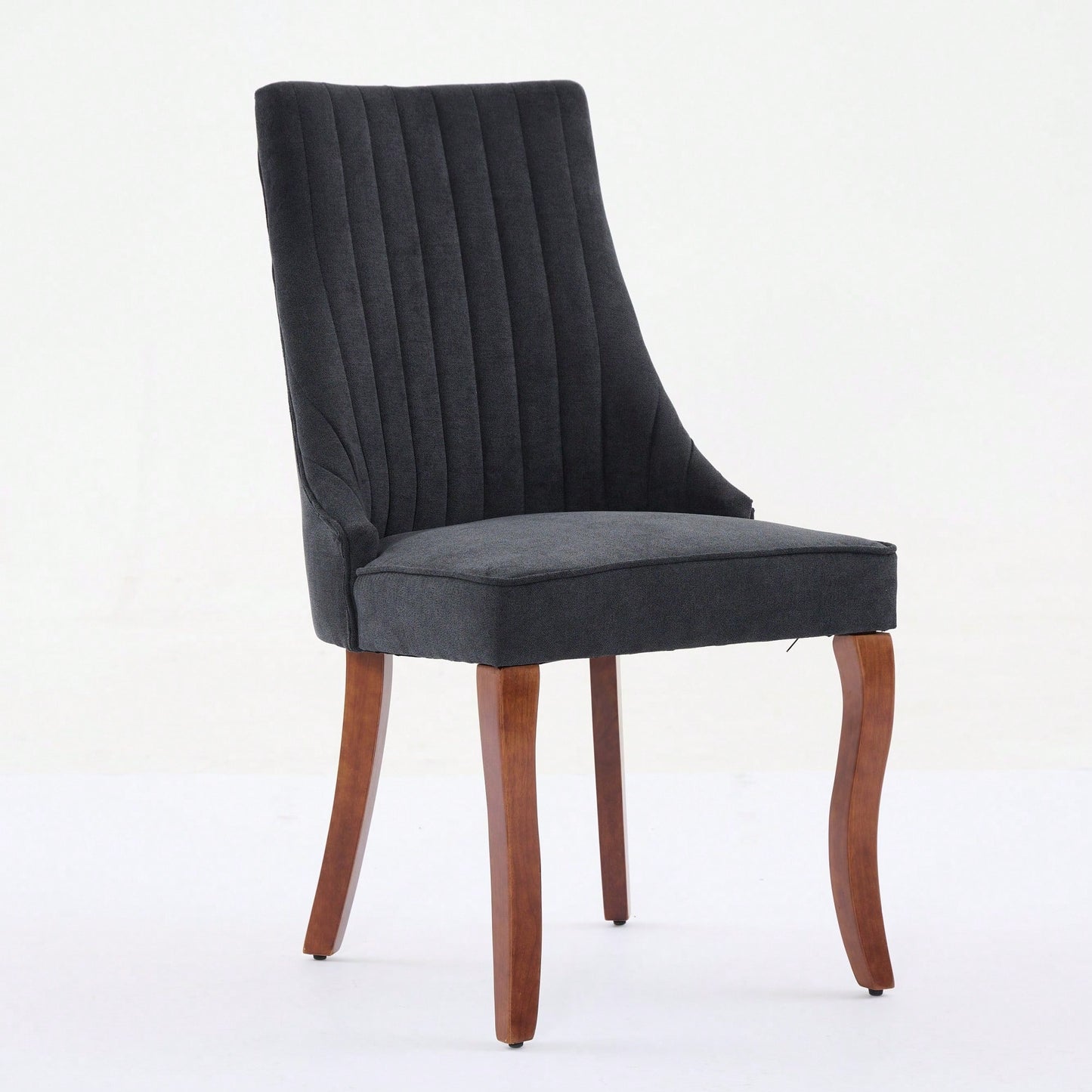 Set Of 2  Comfy Black Rayon Flocked Linen Dining Chairs With Curved Solid Wood Legs For Kitchen And Dining Room