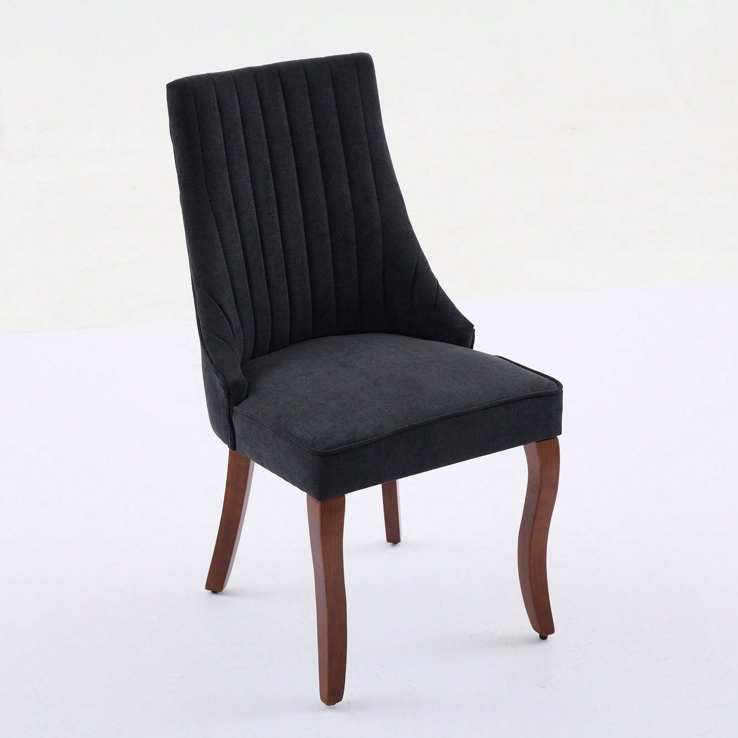 Set Of 2  Comfy Black Rayon Flocked Linen Dining Chairs With Curved Solid Wood Legs For Kitchen And Dining Room