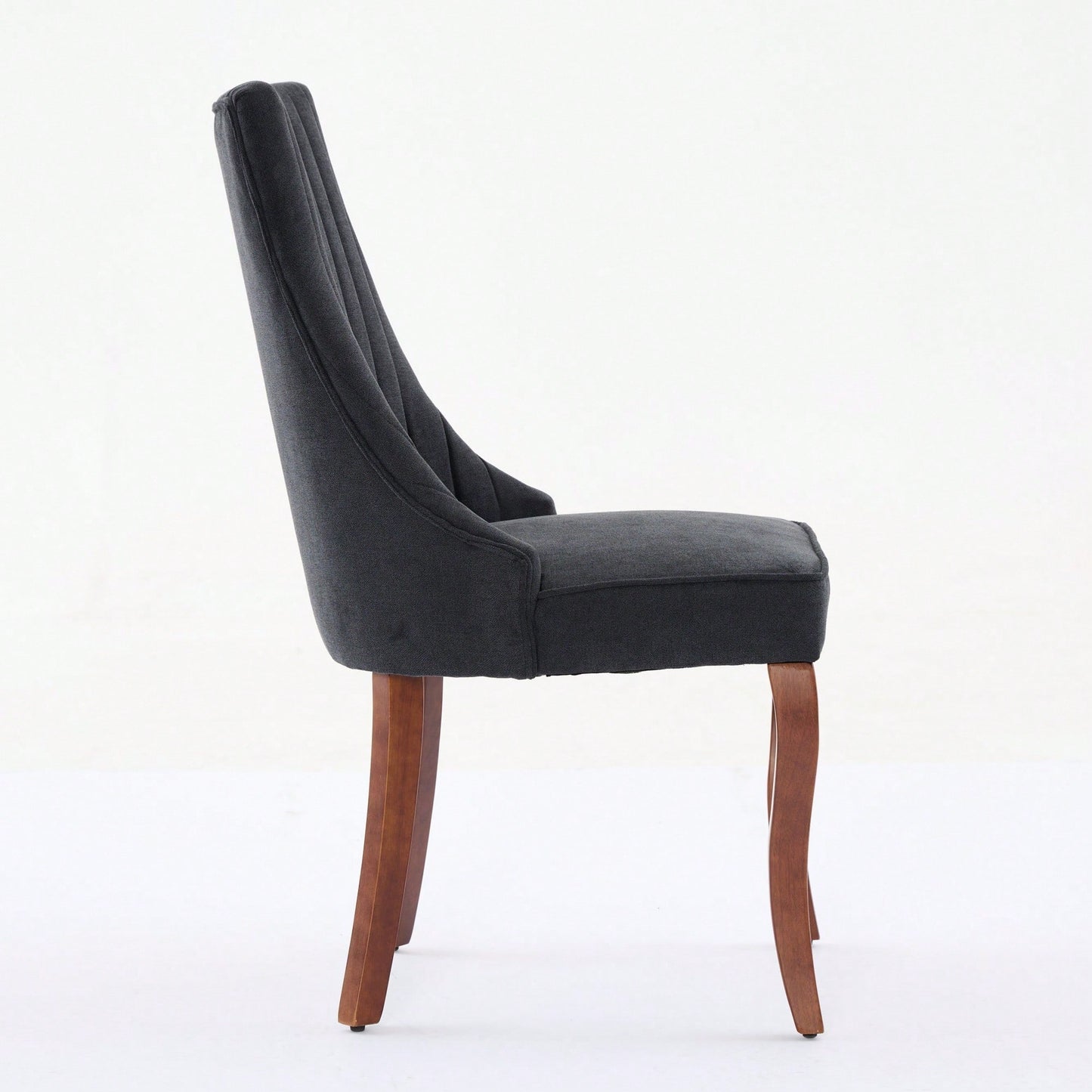 Set Of 2  Comfy Black Rayon Flocked Linen Dining Chairs With Curved Solid Wood Legs For Kitchen And Dining Room
