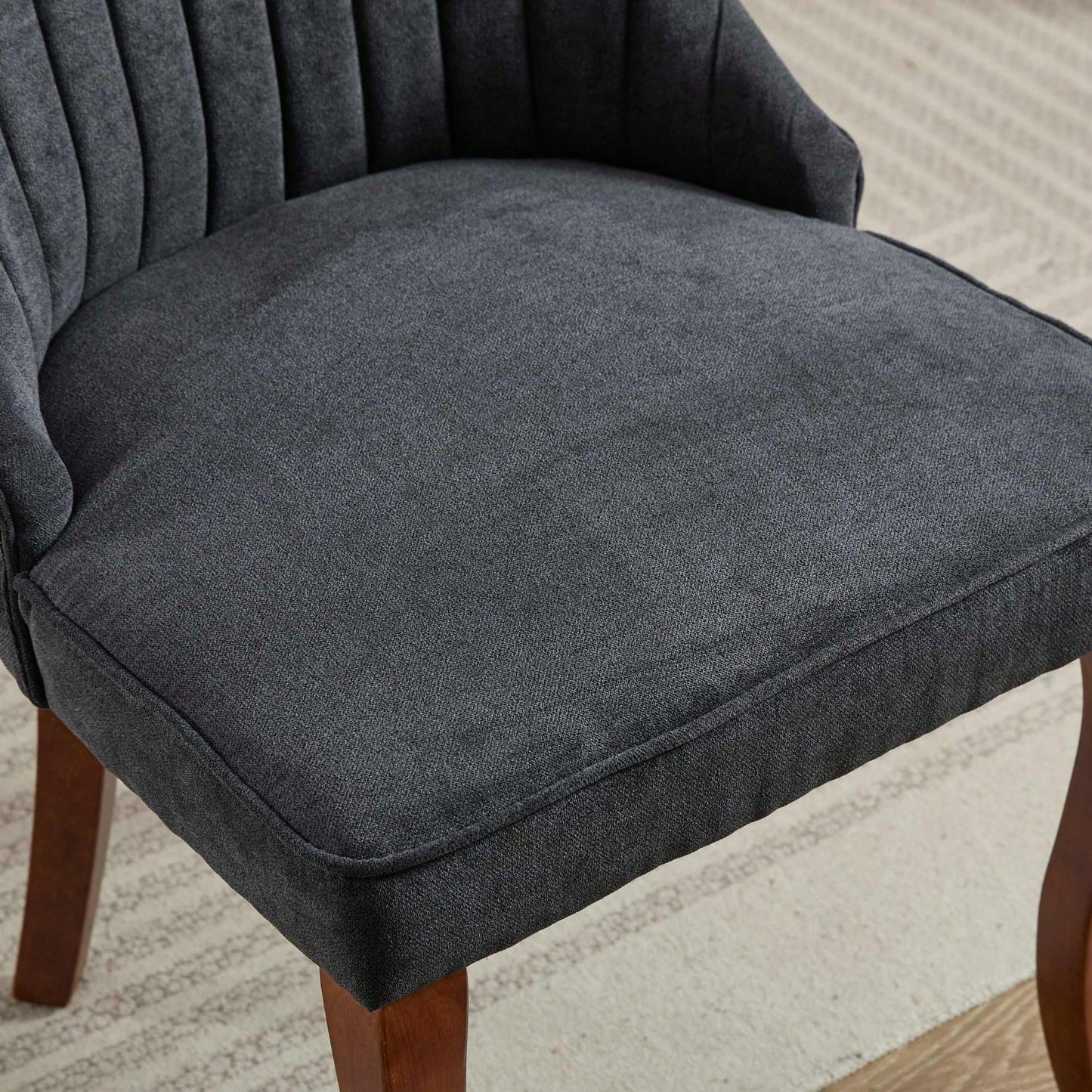 Set Of 2  Comfy Black Rayon Flocked Linen Dining Chairs With Curved Solid Wood Legs For Kitchen And Dining Room