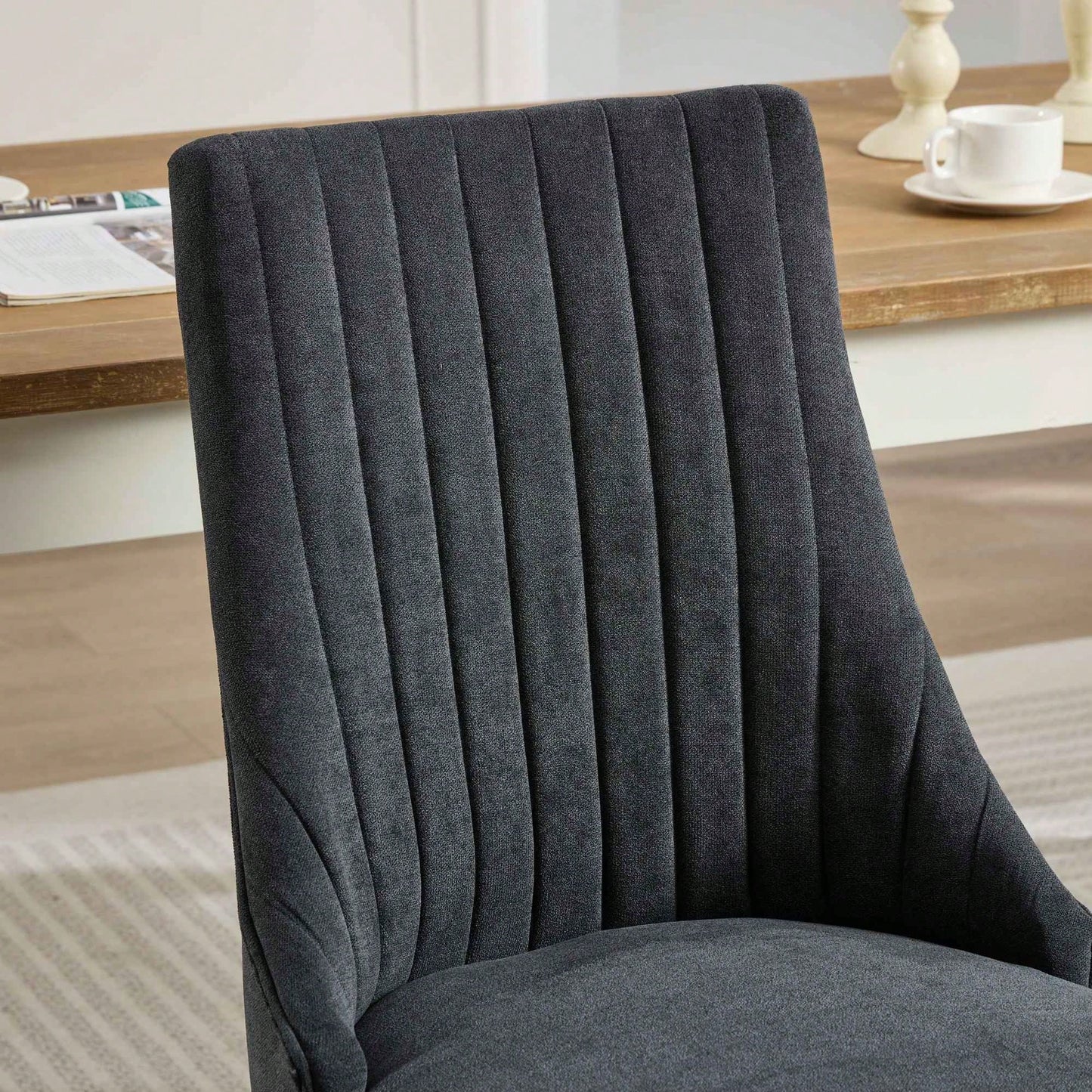 Set Of 2  Comfy Black Rayon Flocked Linen Dining Chairs With Curved Solid Wood Legs For Kitchen And Dining Room