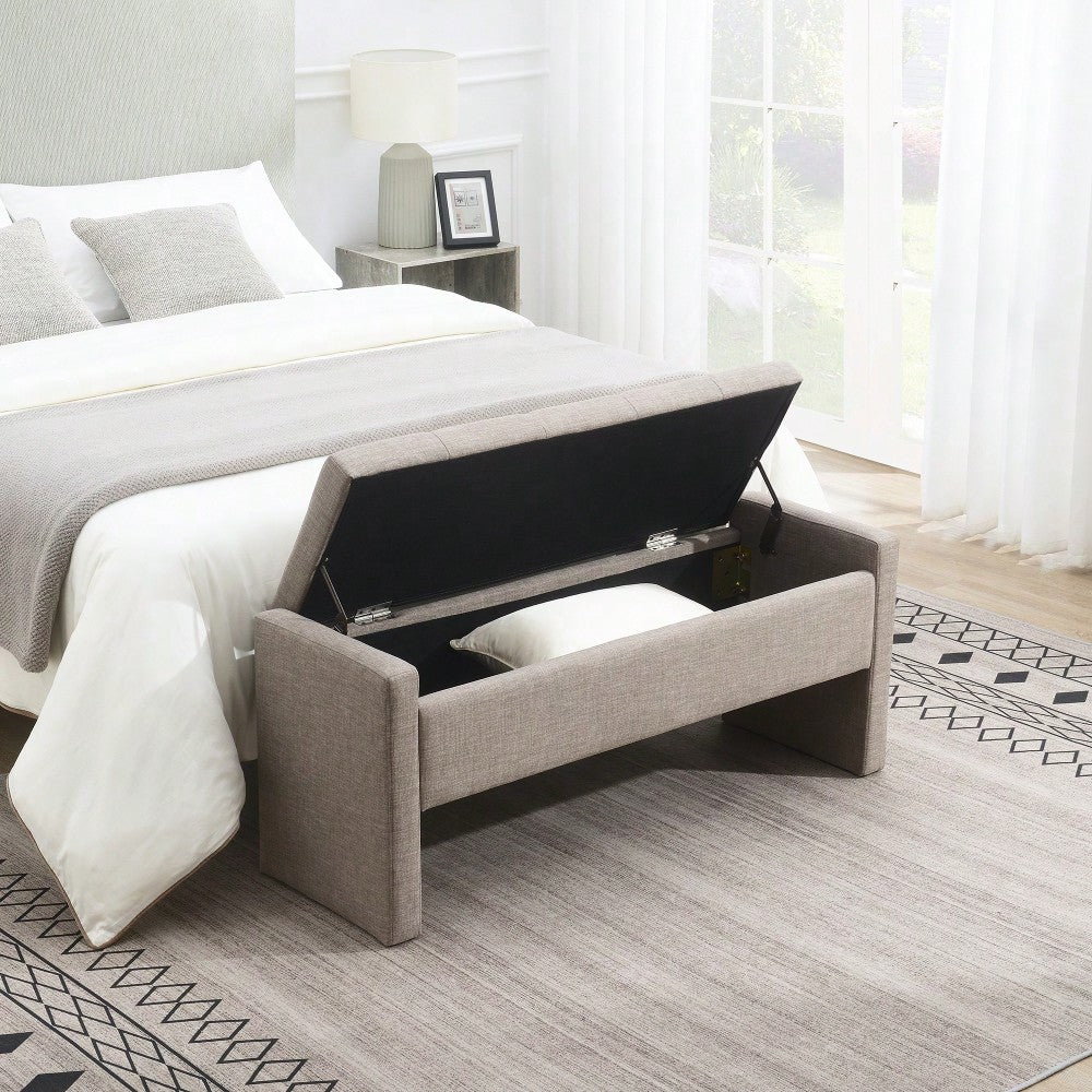 Upholstered Storage Bench For Bedroom And Living Room, Comfy Foot Rest Stool In Linen Grey Brown, Versatile Vanity And Coffee Table Seat
