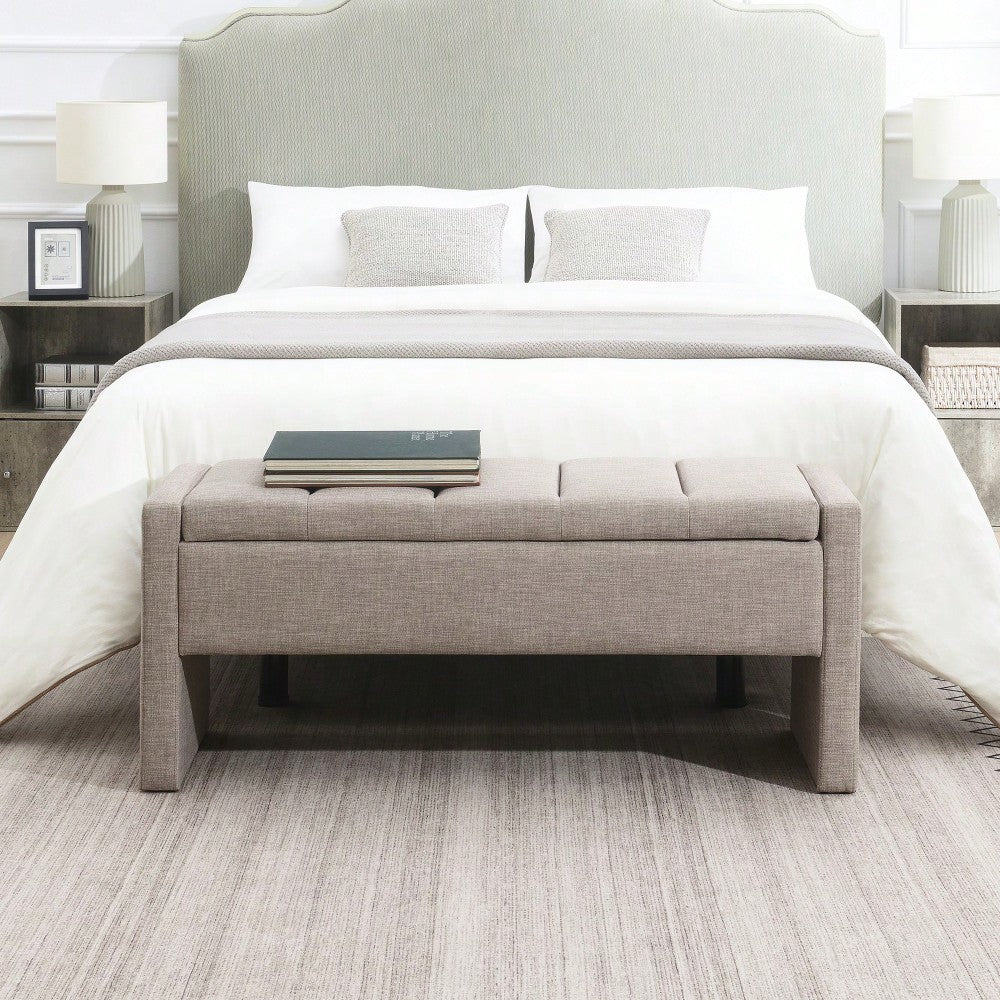 Upholstered Storage Bench For Bedroom And Living Room, Comfy Foot Rest Stool In Linen Grey Brown, Versatile Vanity And Coffee Table Seat