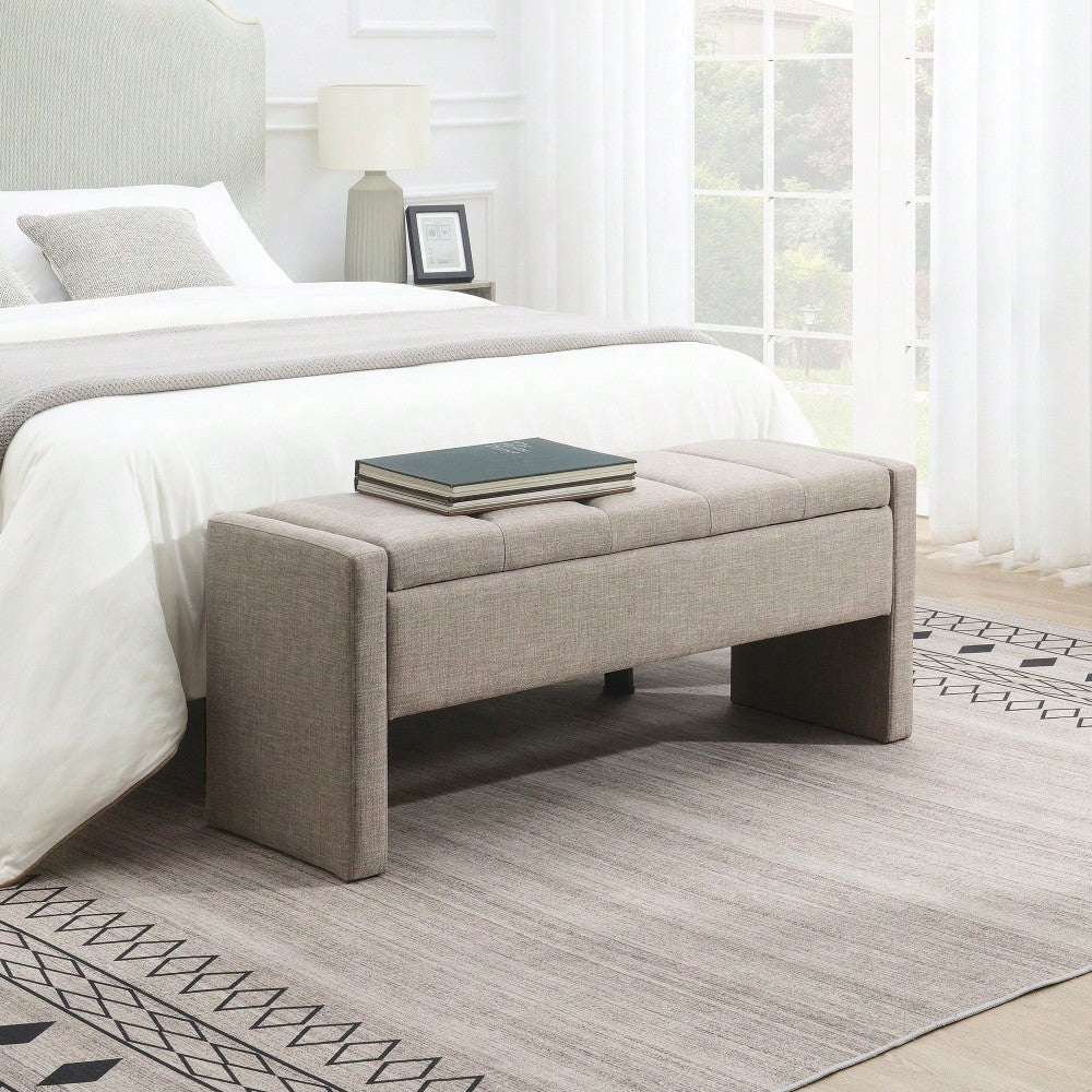 Upholstered Storage Bench For Bedroom And Living Room, Comfy Foot Rest Stool In Linen Grey Brown, Versatile Vanity And Coffee Table Seat