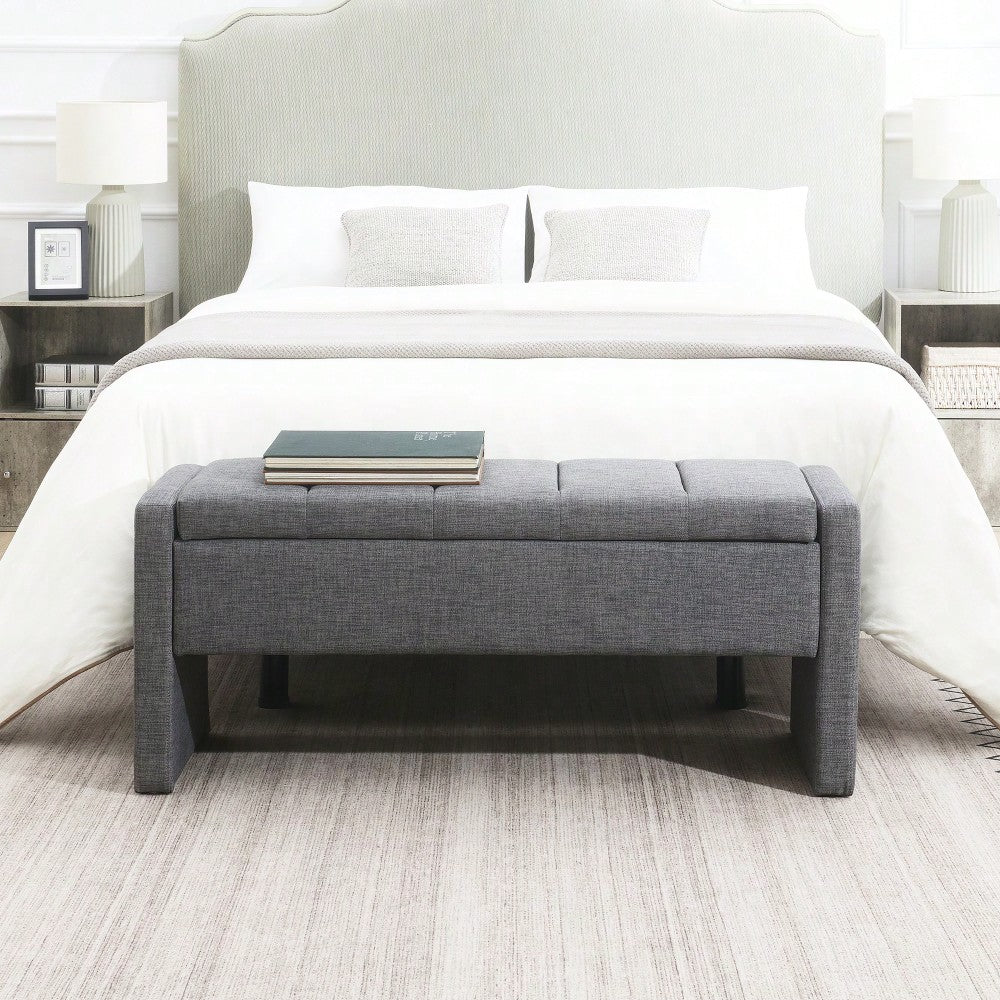 Upholstered Storage Bench For Bedroom And Living Room, Comfy Foot Rest Stool In Linen Grey Brown, Versatile Vanity And Coffee Table Seat
