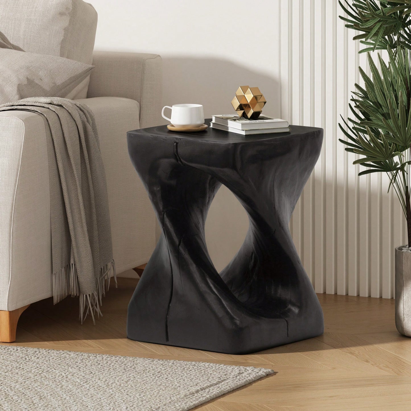 Stylish Black Twist Shape Side Table With Wood-Like Texture For Modern Living Spaces