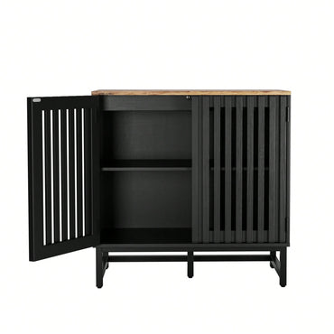 Modern Slatted Grille Cabinet With Striped Door High-Quality MDF And Sturdy Metal Legs