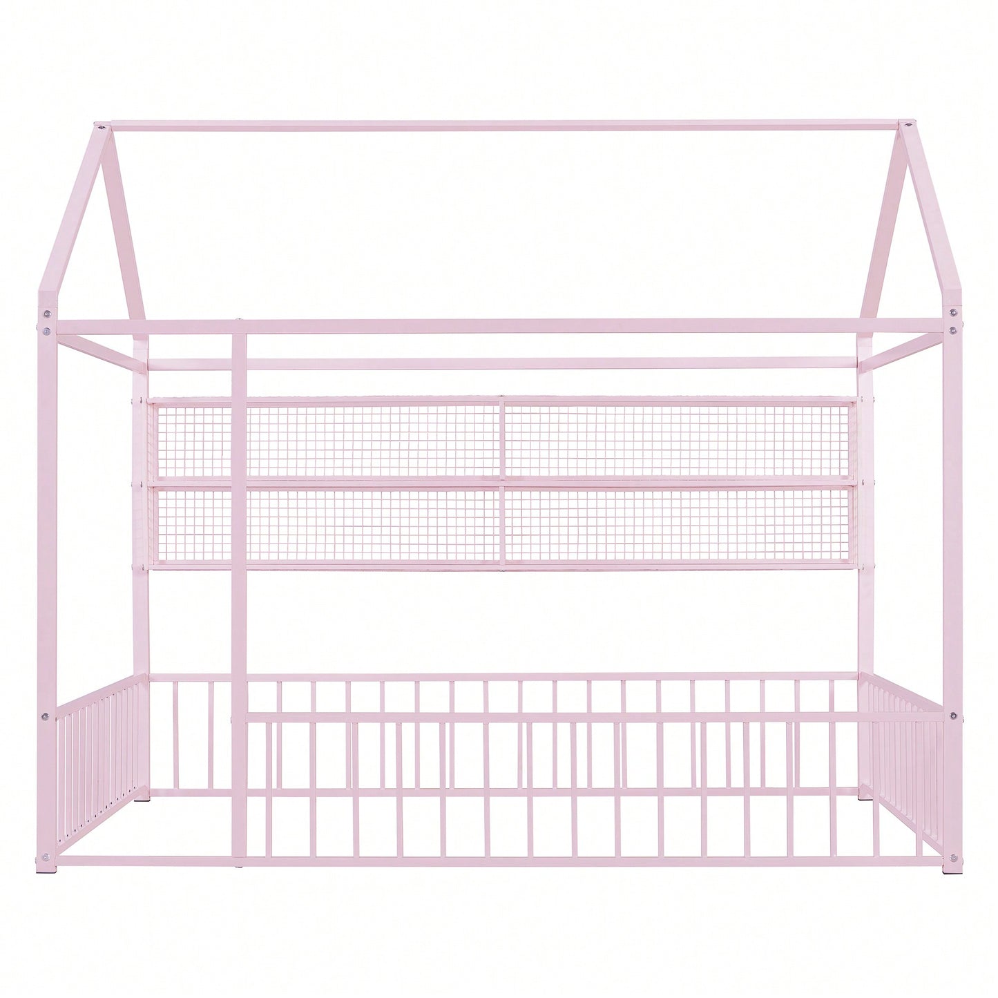 Metal House Bed Frame With Fence And Shelves In Black Finish For Stylish Bedroom Decor
