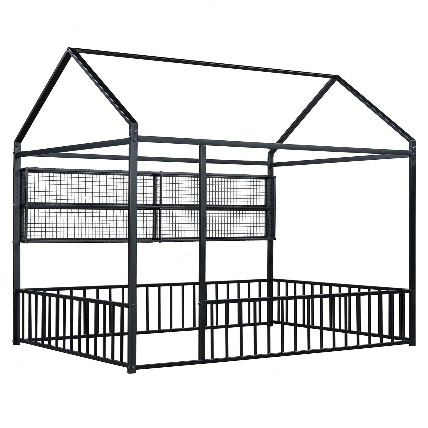 Metal House Bed Frame With Fence And Shelves In Black Finish For Stylish Bedroom Decor