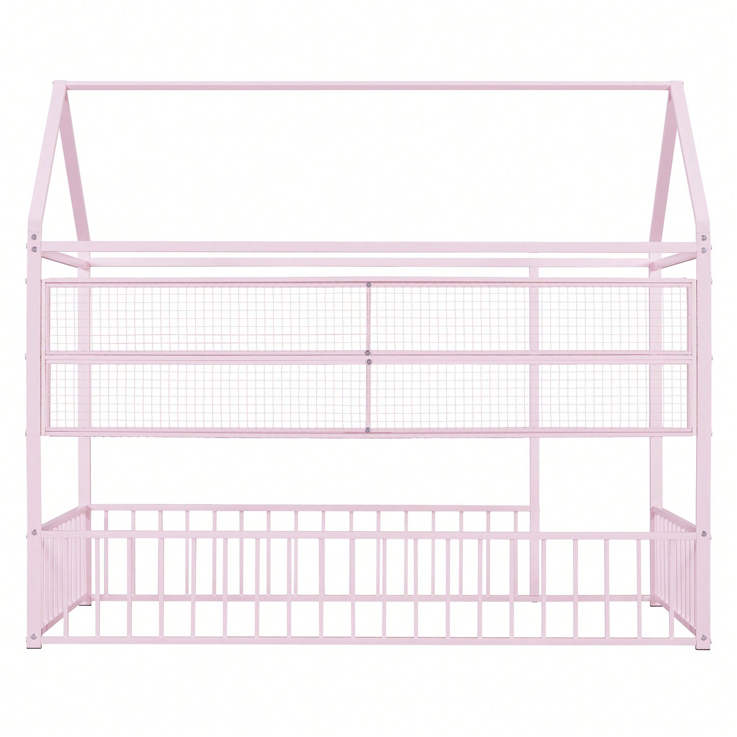 Twin Size Metal House Bed Frame With Fence And Storage Shelves In Black