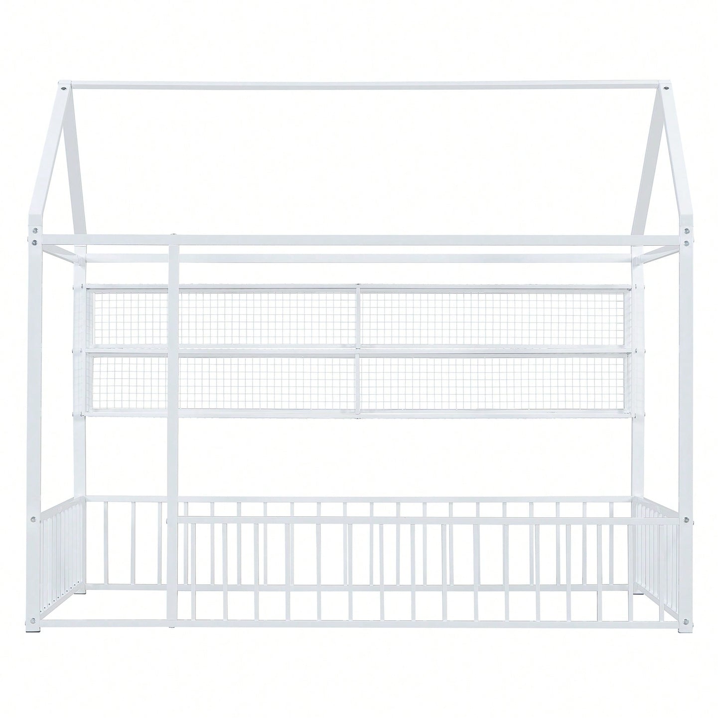 Twin Size Metal House Bed Frame With Fence And Storage Shelves In Black