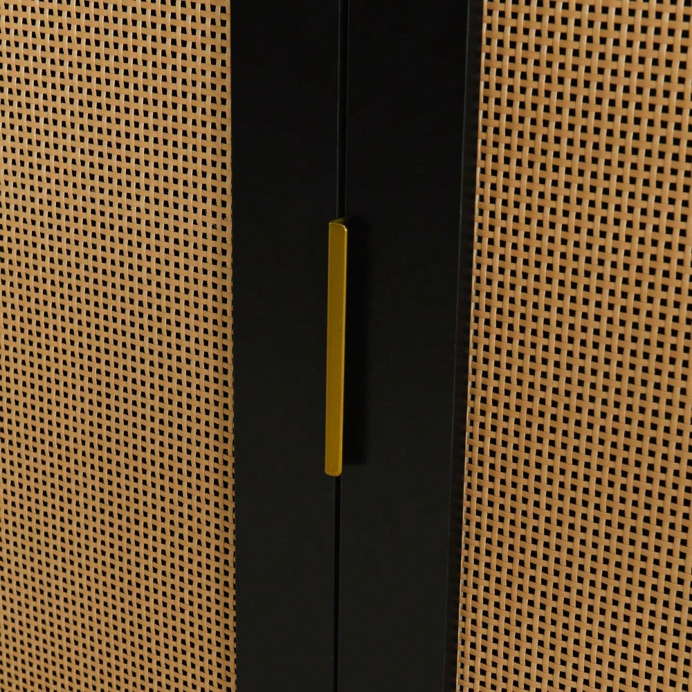 Elegant Curved Black Dining Cabinet With Gold Trim And Woven Rattan Doors For Stylish Dining Room Storage