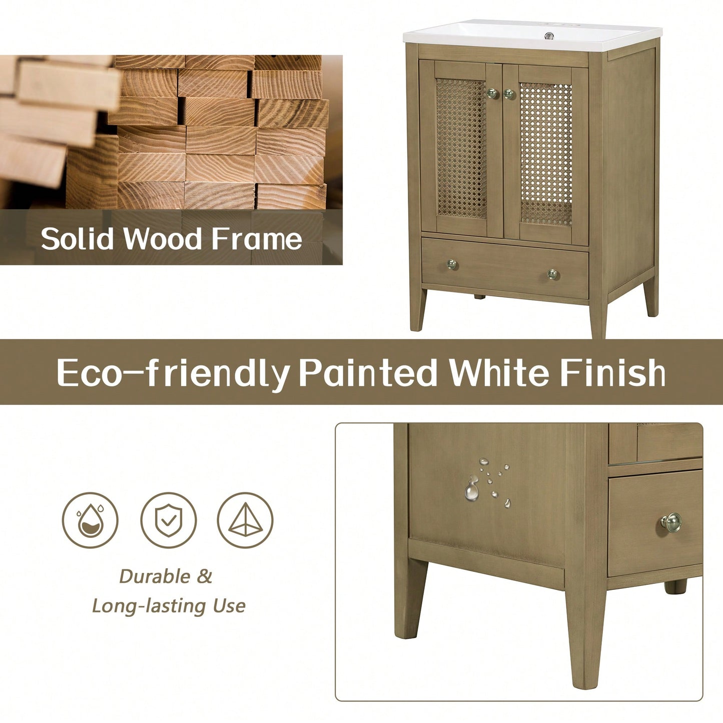 24 Inch Rattan Bathroom Vanity Base With Doors And Drawer Solid Frame And MDF Board Natural Finish