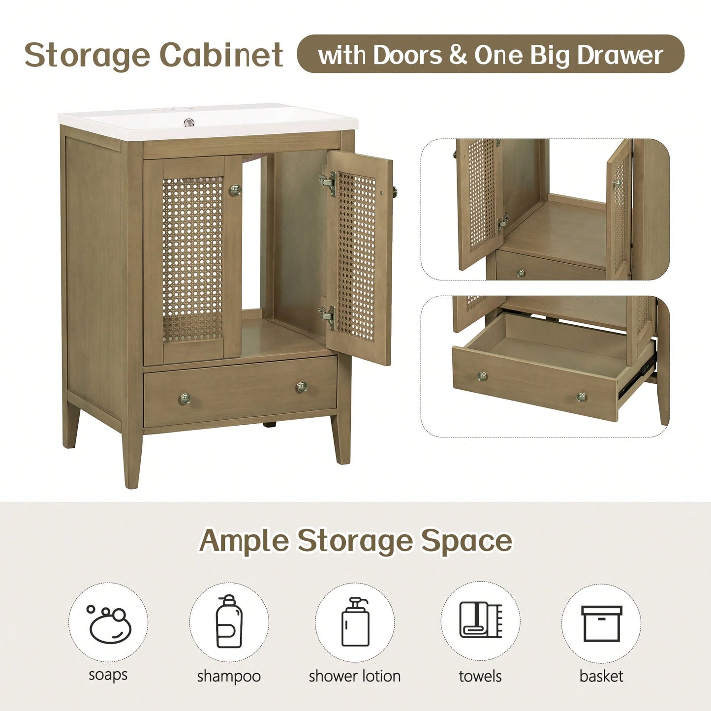 24 Inch Rattan Bathroom Vanity Base With Doors And Drawer Solid Frame And MDF Board Natural Finish